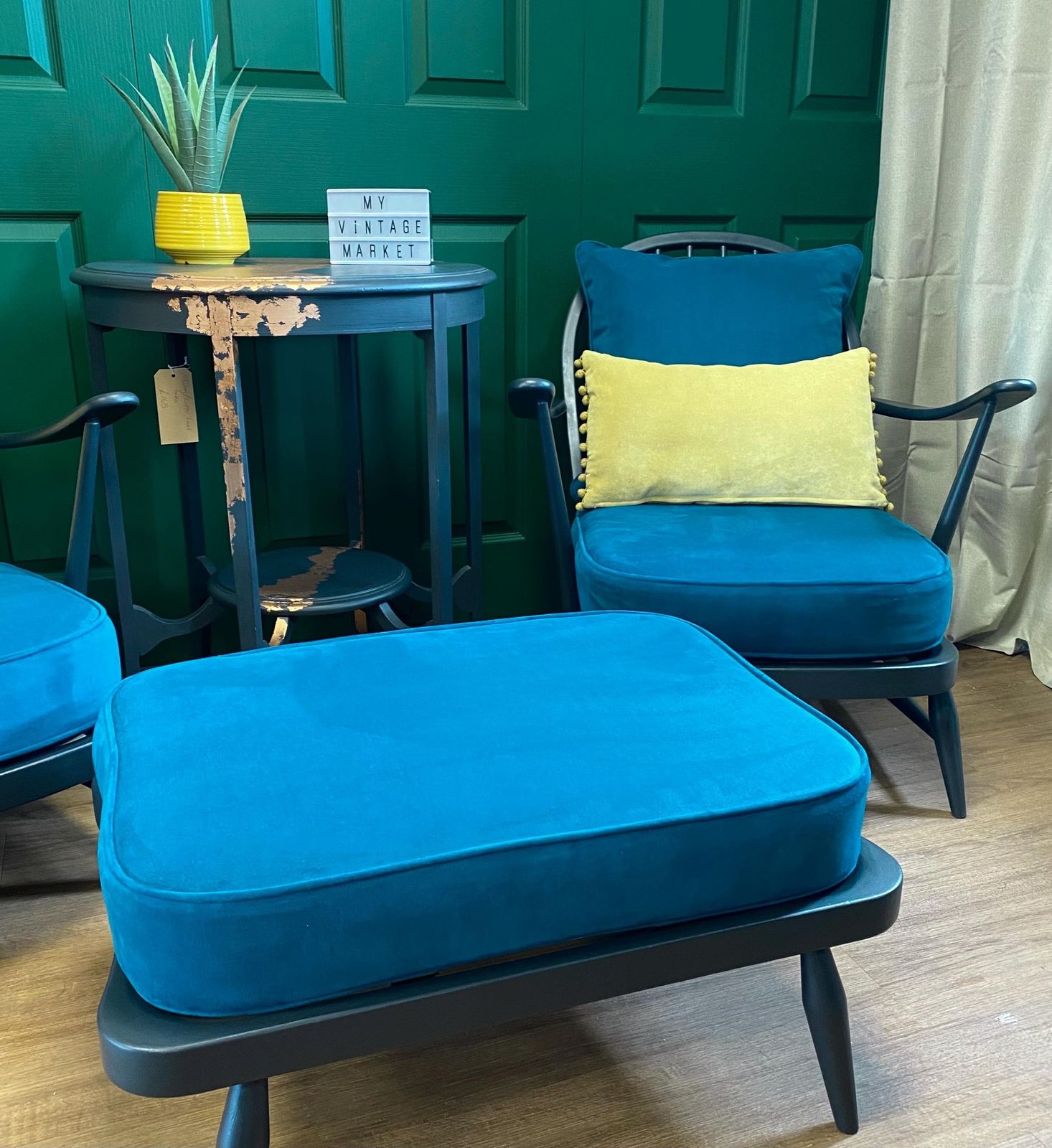 Refurbished Mid Century Vintage Ercol Windsor Armchair Grey Teal Blue Green Velvet 2 Of 2
