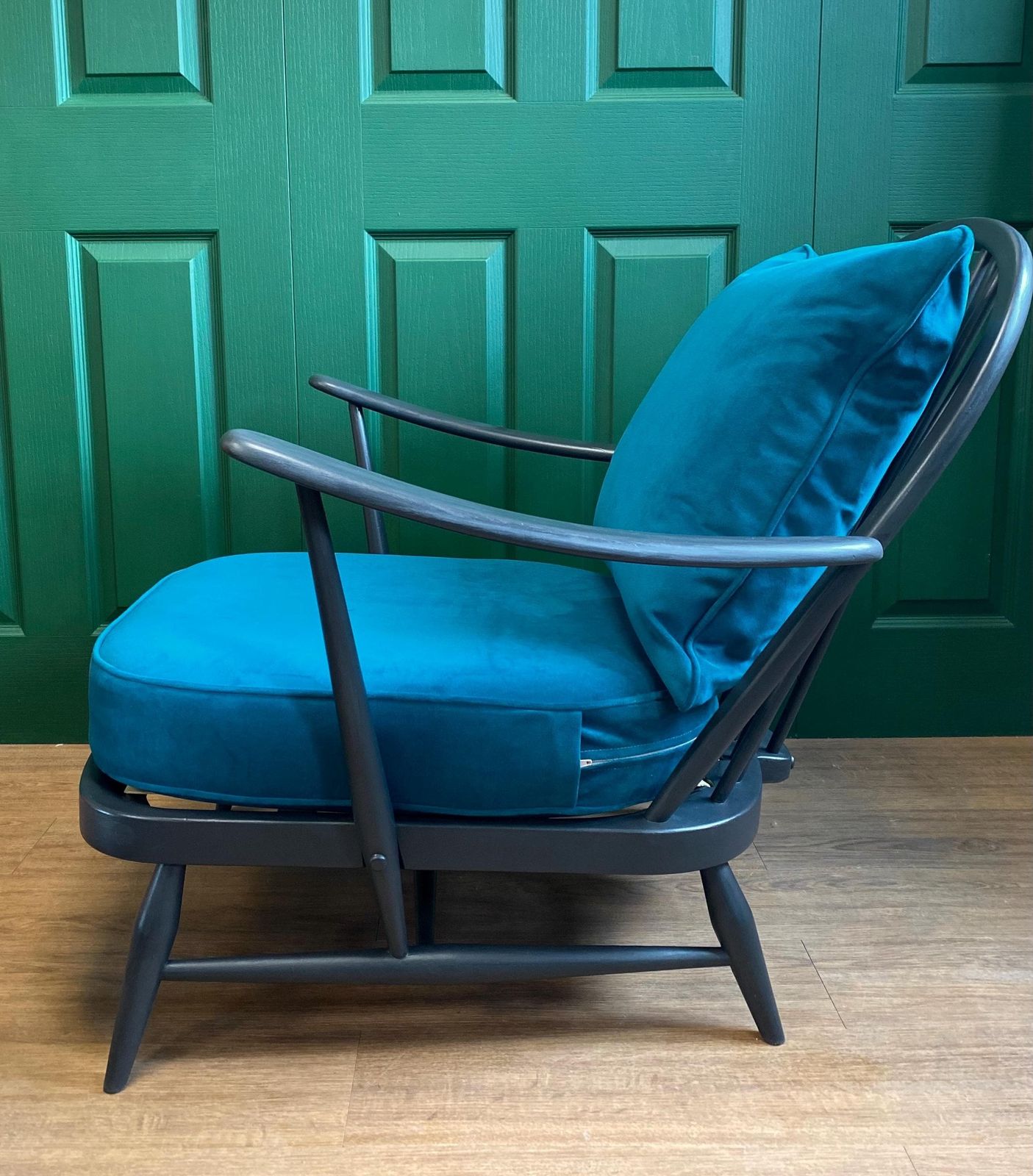 Refurbished Mid Century Vintage Ercol Windsor Armchair Grey Teal Blue Green Velvet 2 Of 2 photo Furniture