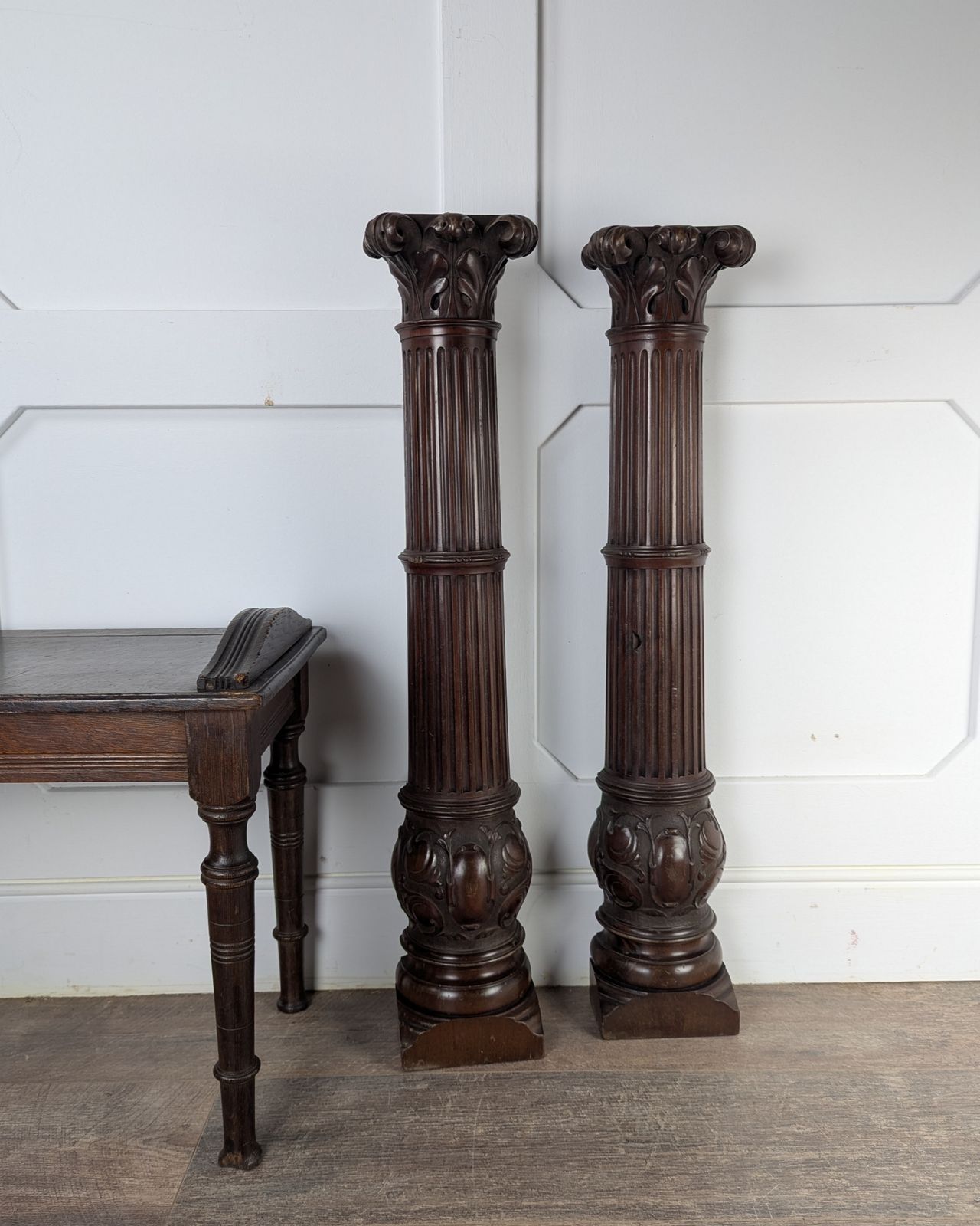 photo furniture Pair Of Carved Mahogany Reeded Corinthian Half Columns