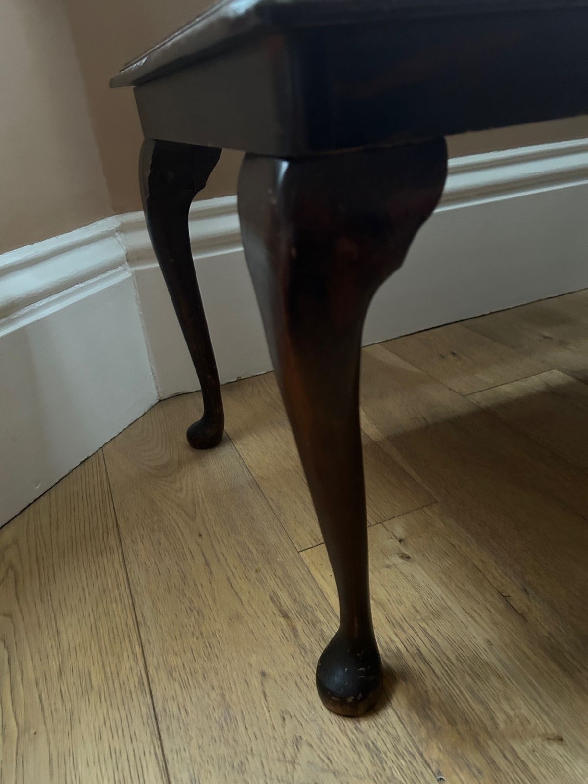 Beautiful Vintage Coffee Table With Queen Anne Carved Legs, Unusual Mustard Leather Inlay And Tempered Glass Top. photo Furniture