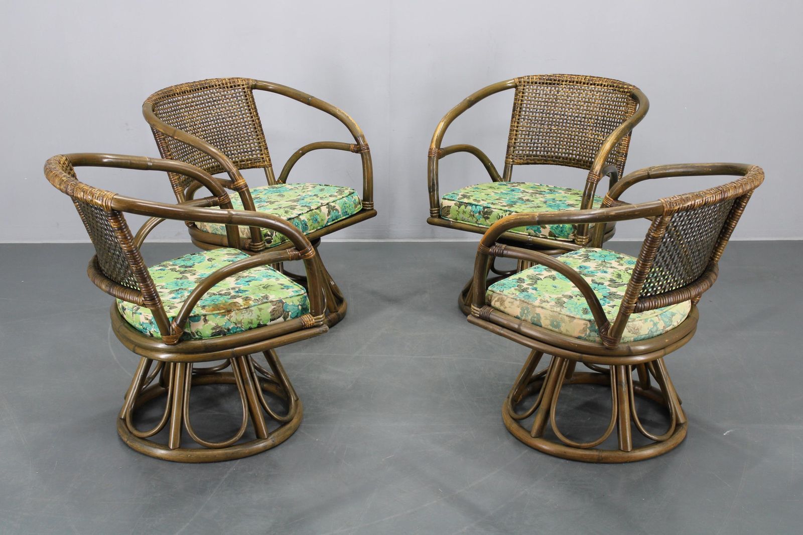 1980s Set Of Four Rattan Armchairs With Fabric Pillows photo furniture