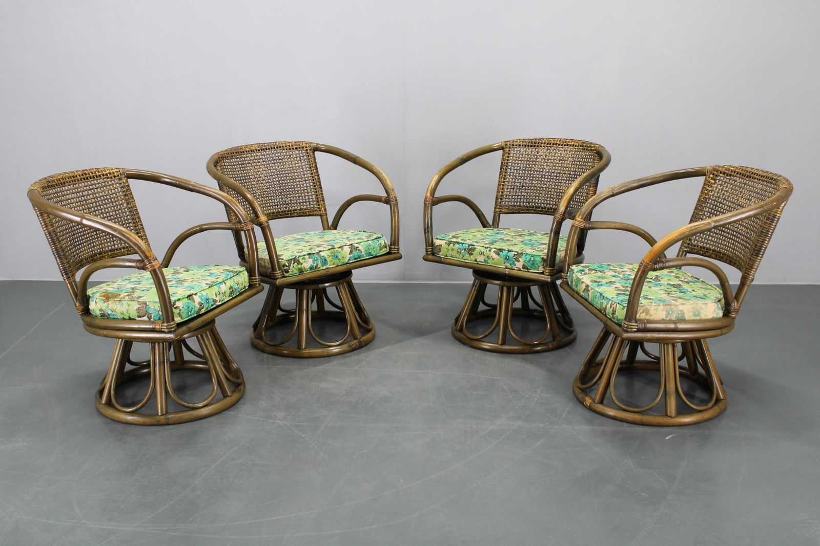 1980s Set Of Four Rattan Armchairs With Fabric Pillows photo Furniture