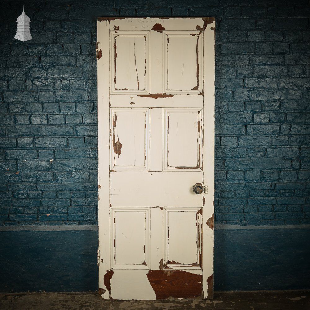 6 Panel Pitch Pine Door, Original Hardware, Distressed White Paint And Faux Woodgrain