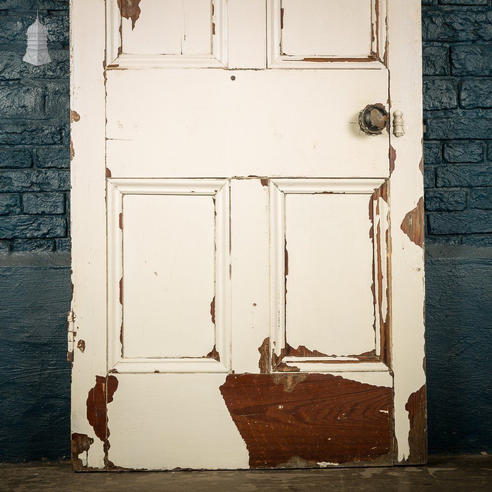 6 Panel Pitch Pine Door, Original Hardware, Distressed White Paint And Faux Woodgrain photo vinterior