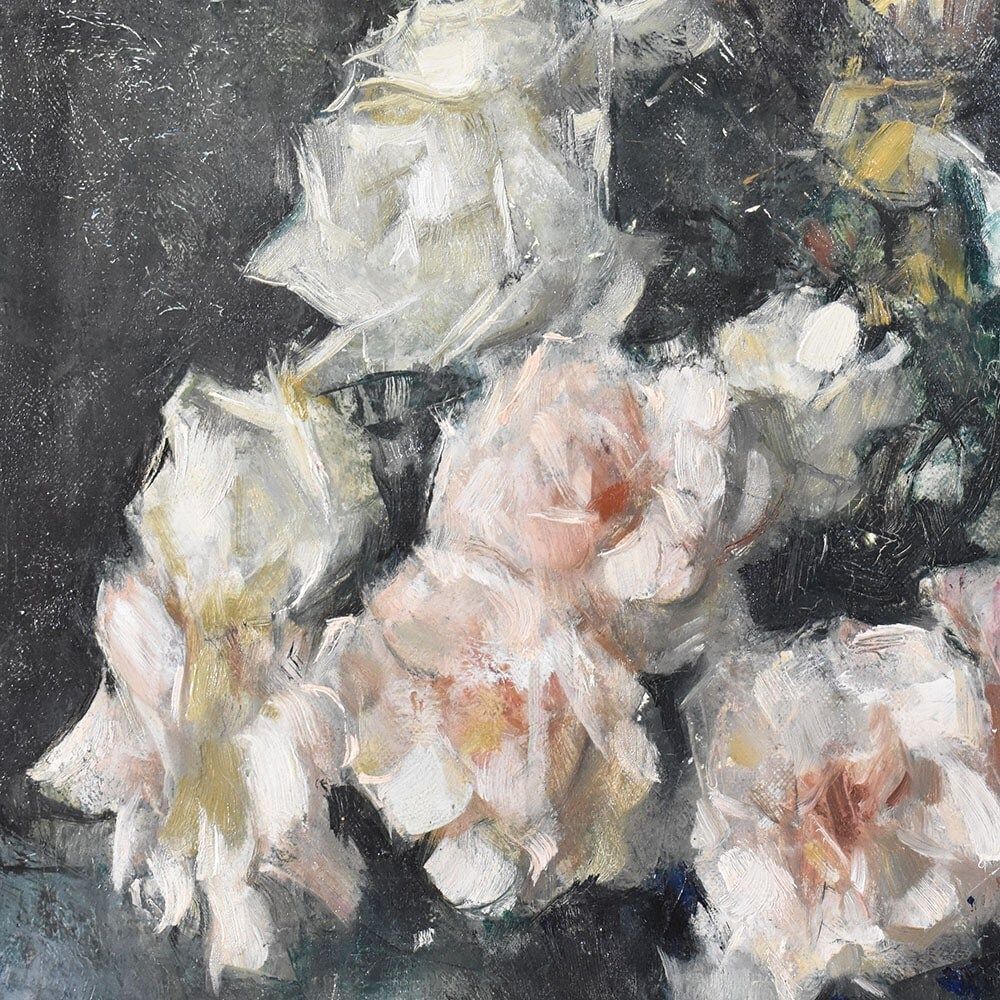 Art Deco Still Life Painting, Flowers Vase Painting, Roses, Oil On Canvas, Antique Painting, XX. (Qf614) photo for sale