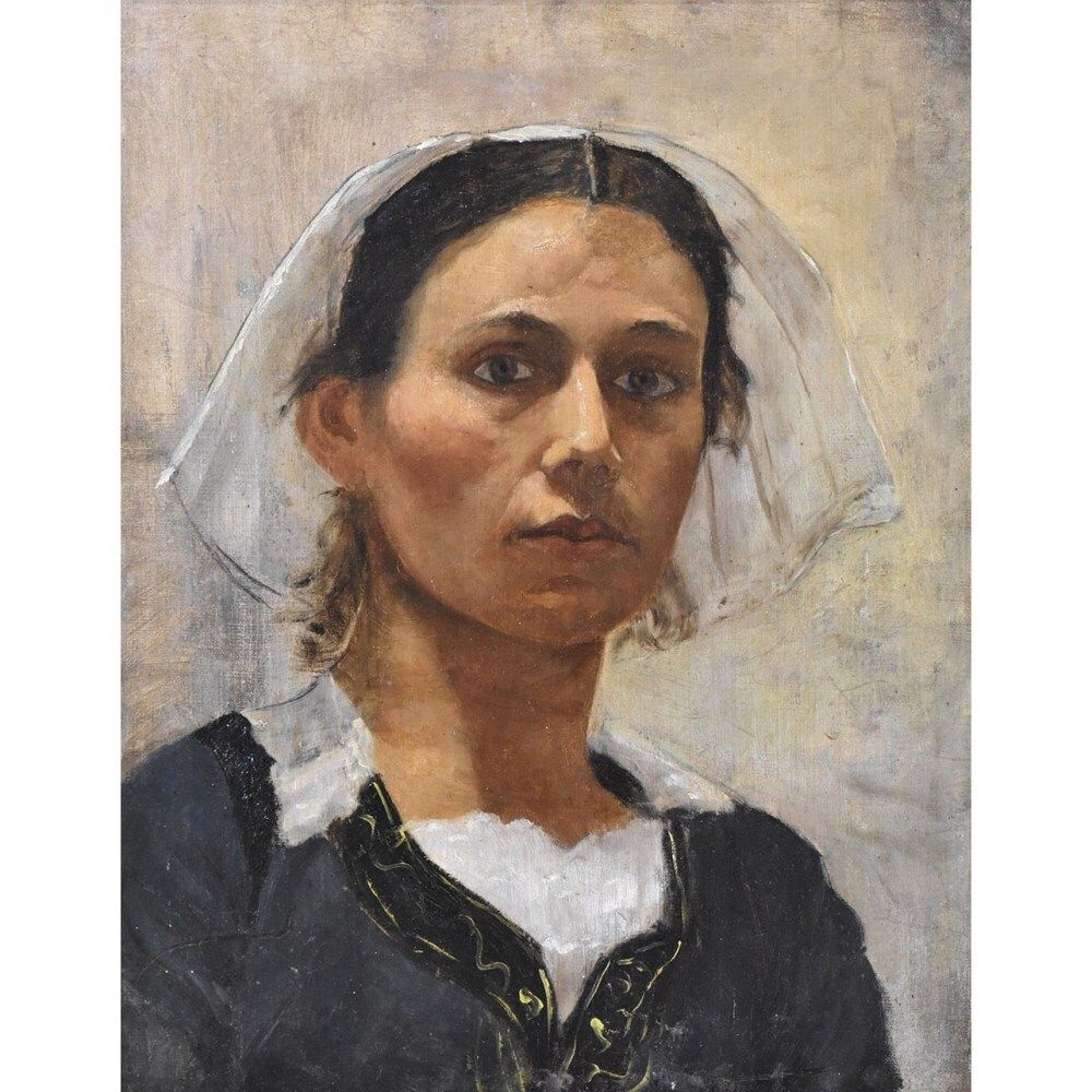 Antique Oil Portrait Painting, Young Breton Girl, Young Woman, Canvas, XIX Century. (Qr572) photo furniture
