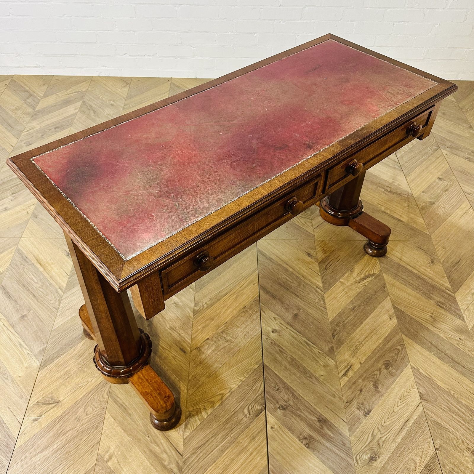 photo buy Antique English William IV Mahogany Library Table, Leather Top, 1830s