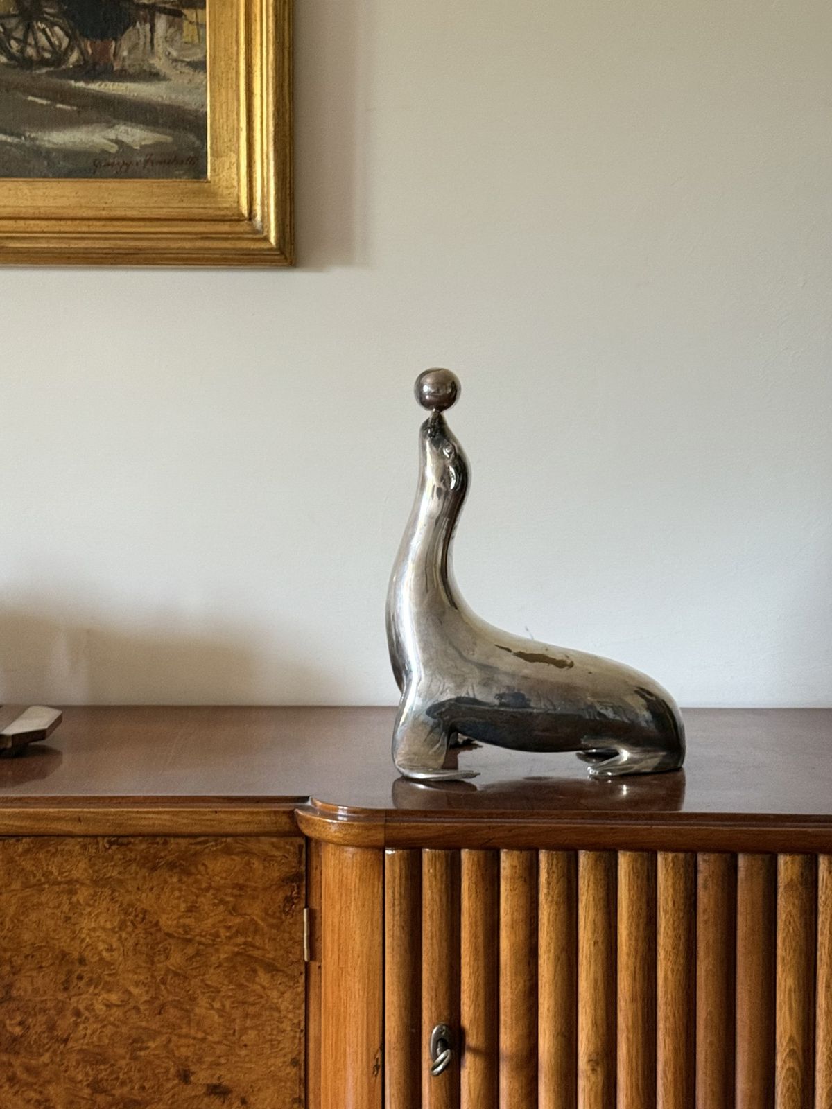 1200.0 Art Deco Silverplated Brass Seal Sculpture, France 1940s photo