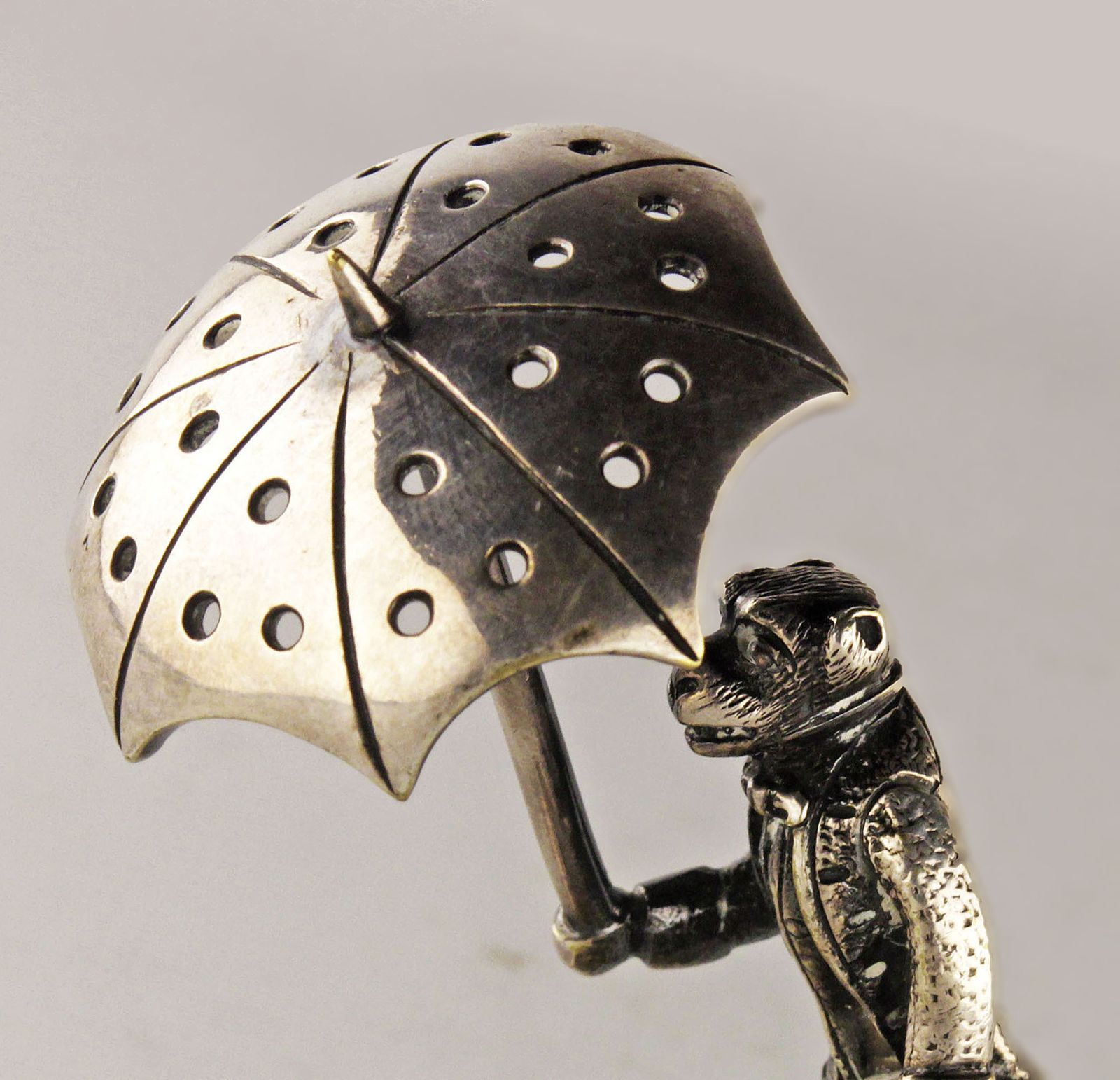 Silvered Bronze Toothpick Holder Of Dressed Monkey With Umbrella And Top Hat photo vintage