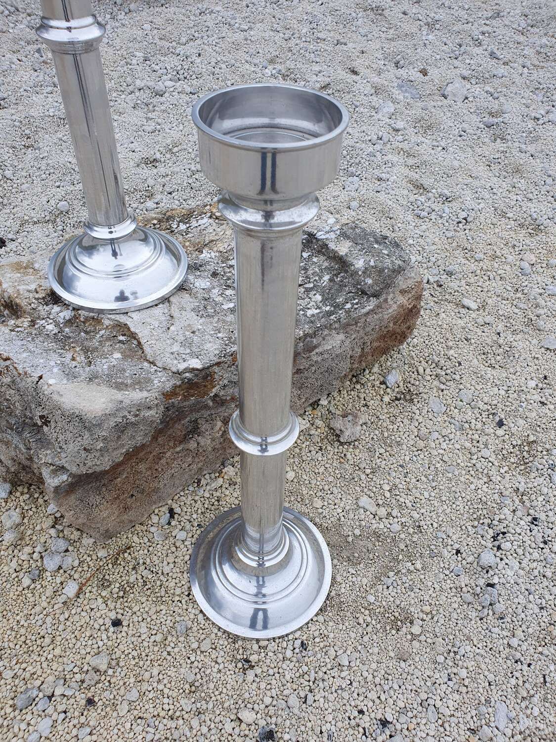 A Large Pair Of Contemporary Cast Aluminium Altar Candlesticks photo for sale