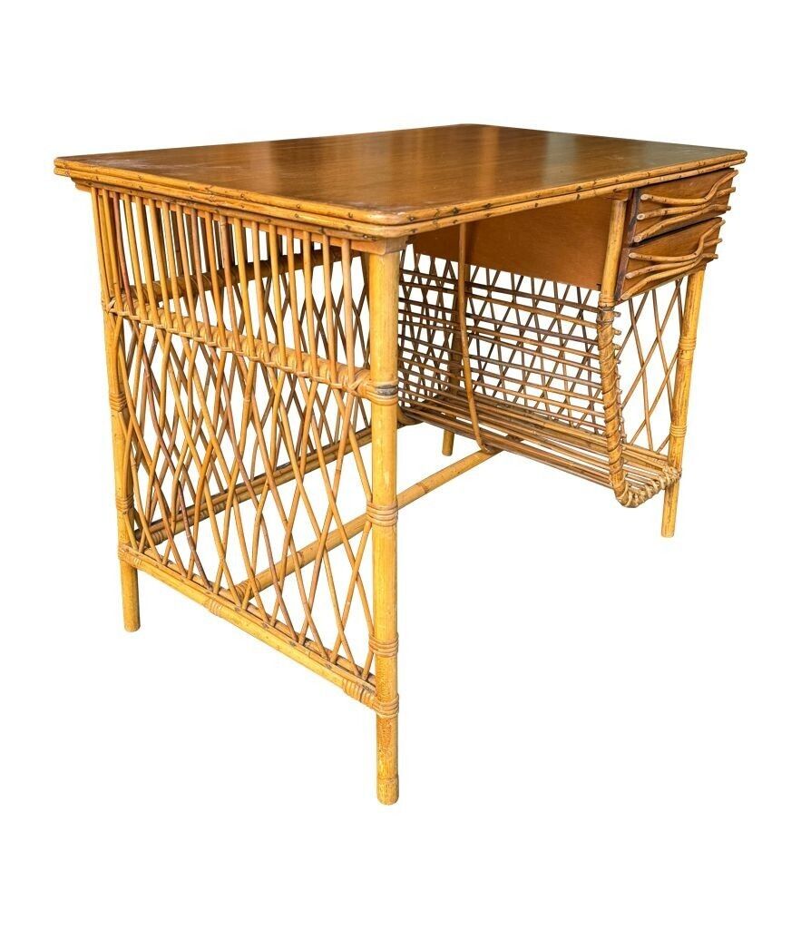 A Lovely 1970s Italian Woven Bamboo, Two Drawer Desk By Bonacina photo for sale