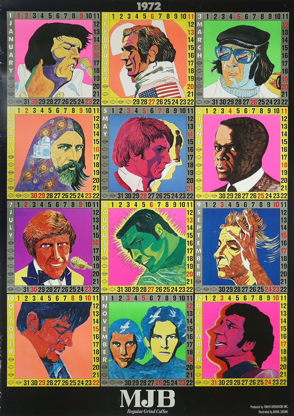 1972 Coffee Celebrities Calendar Feat. Elvis Presley, Steve Mcqueen, Sidney Poitier And More   Original Vintage Poster