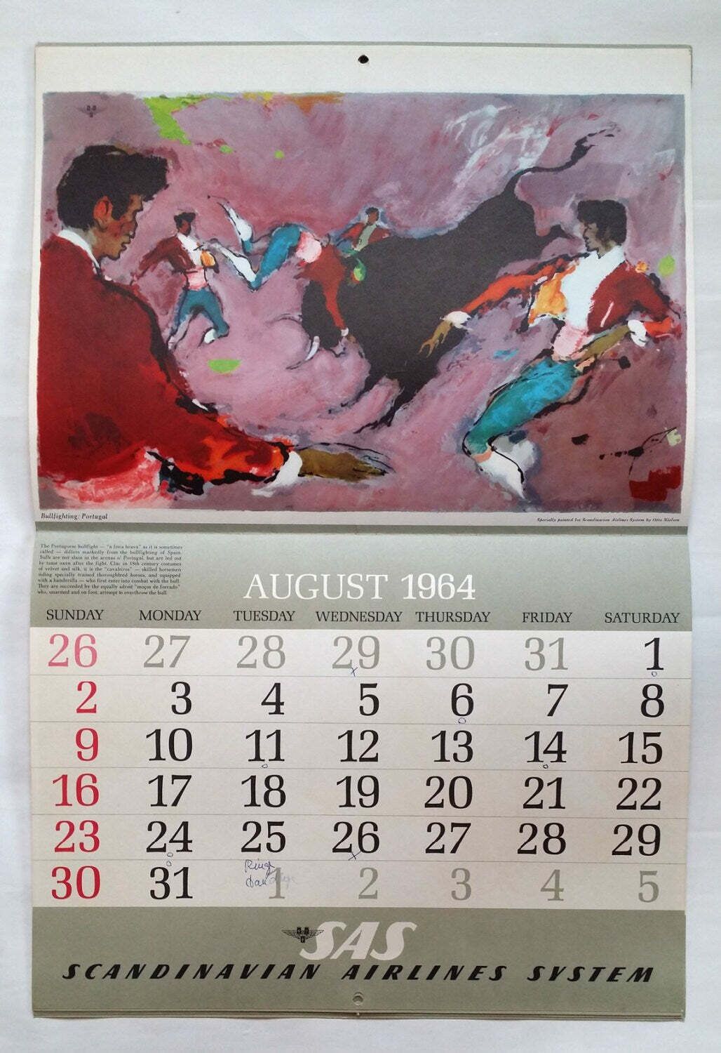 1964 Sas Airlines Calendar By Otto Nielsen   Original Vintage Calendar photo Art