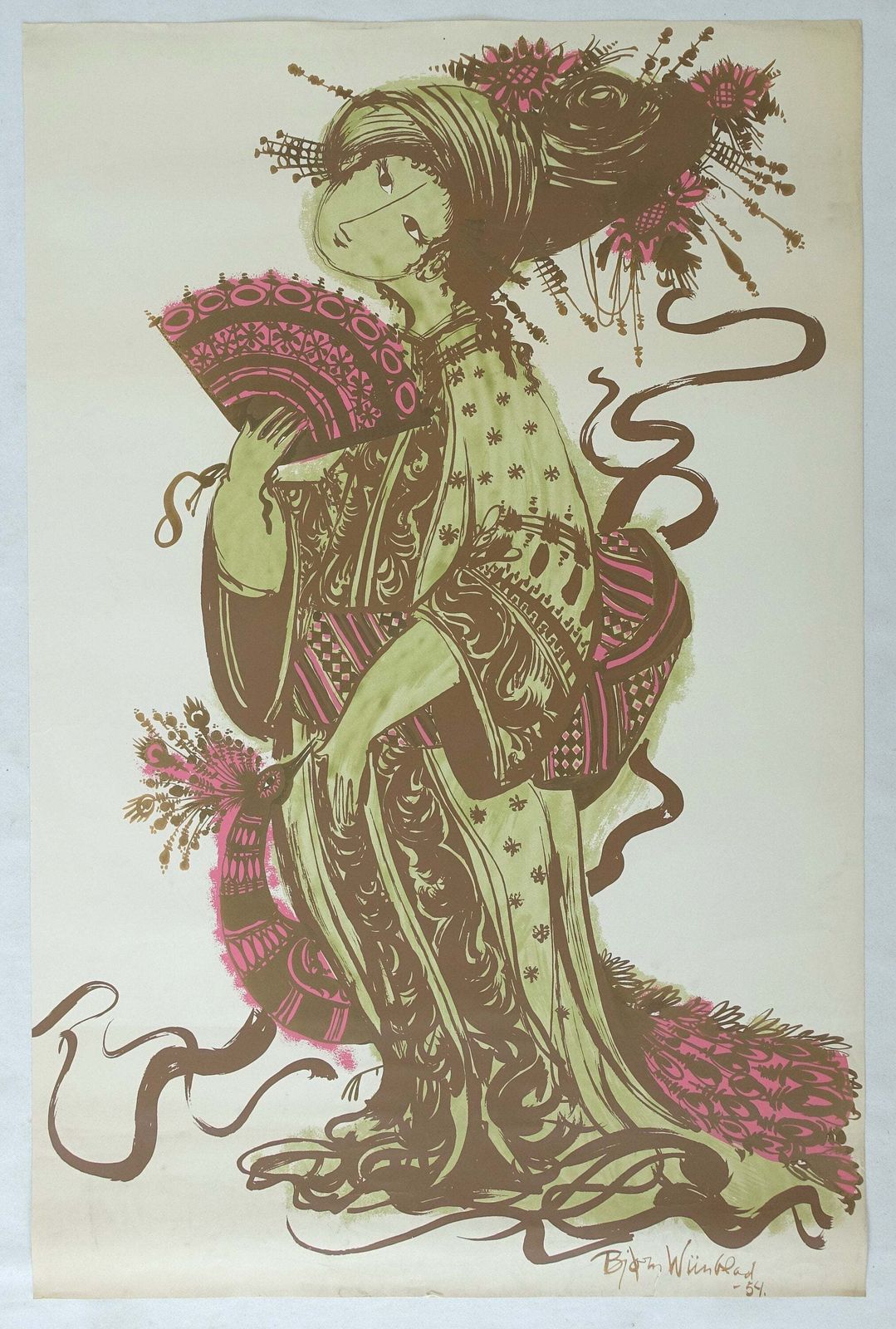 1954 Bjørn Wiinblad's "The Teahouse Of The August Moon" At The New Theater   Vintage Poster photo furniture