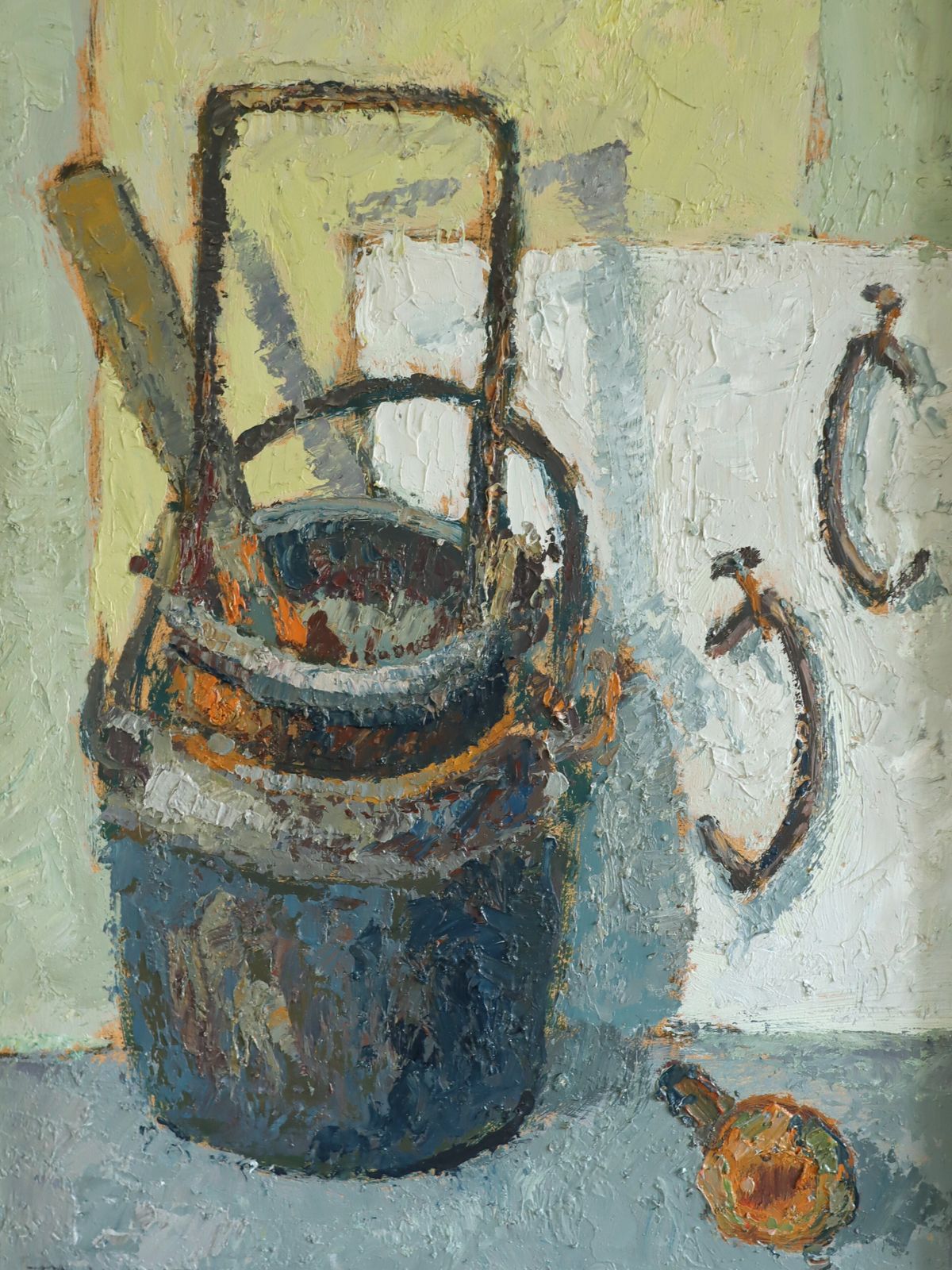 Buckets & Hooks, Oil Painting, Mid 20th Century photo vintage