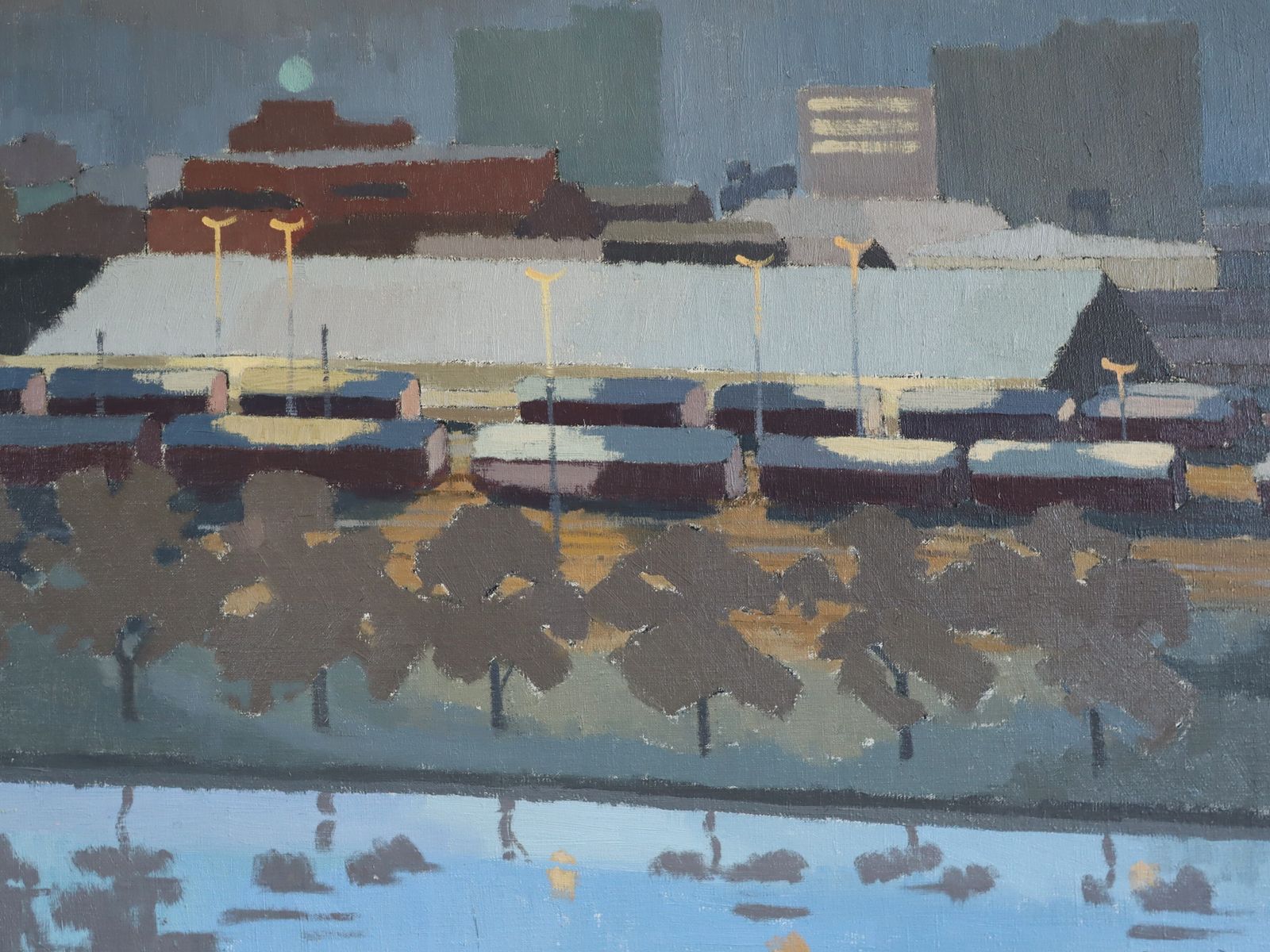 The Rail Yards At Dusk, Oil Painting photo vintage