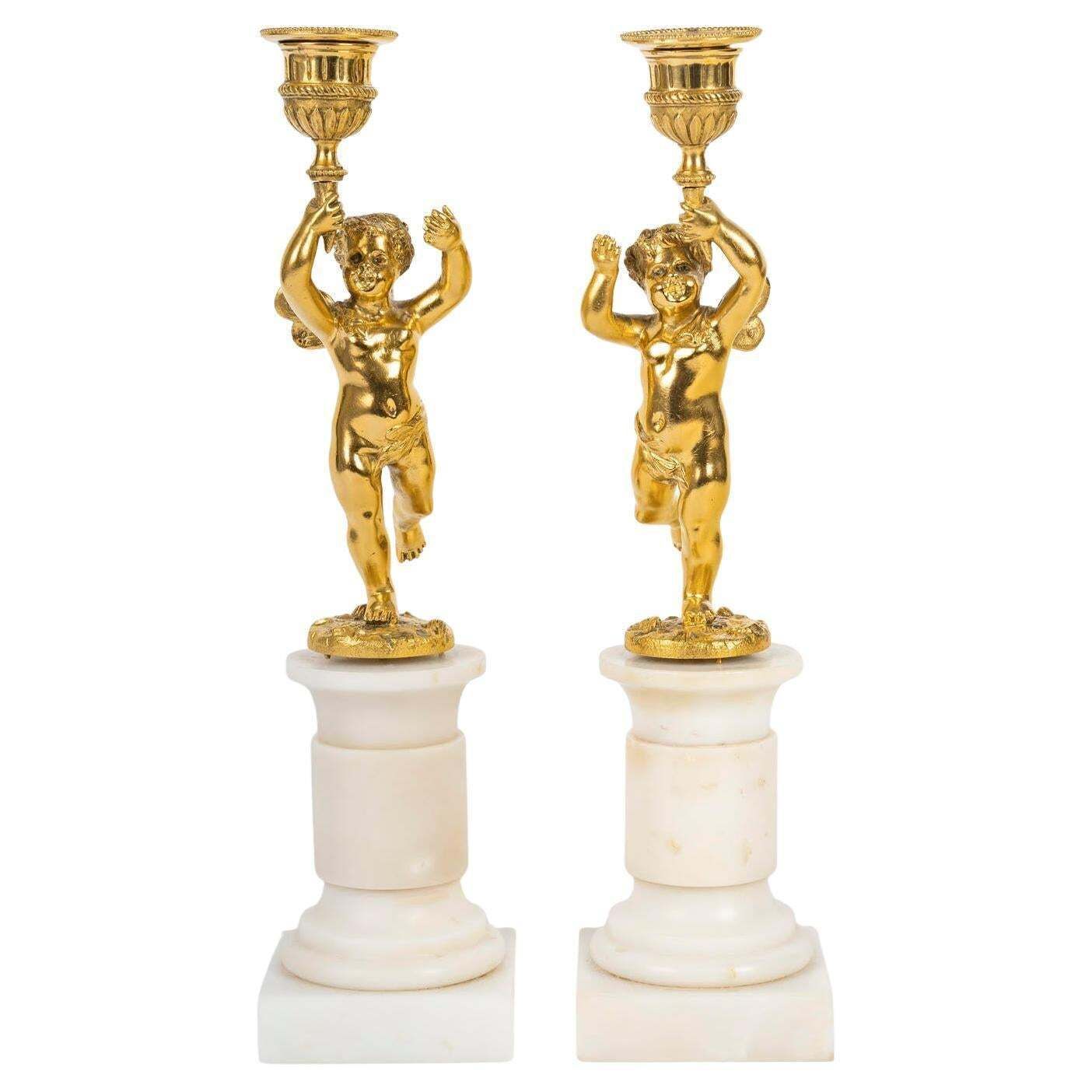 Pair Of Gilt Bronze Candlesticks, Marble Base, 19th Century, Napoleon III Period