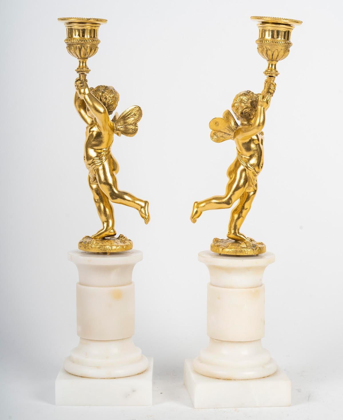 Pair Of Gilt Bronze Candlesticks, Marble Base, 19th Century, Napoleon III Period photo Home Decor