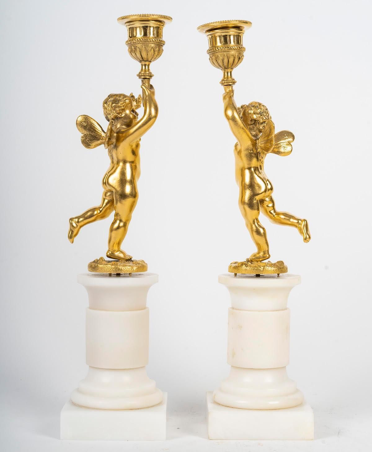 Pair Of Gilt Bronze Candlesticks, Marble Base, 19th Century, Napoleon III Period photo vinterior