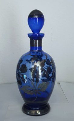 Blue Liqueur Glass Decanter And Glasses With Silver Overlay, Set Of 7 photo furniture