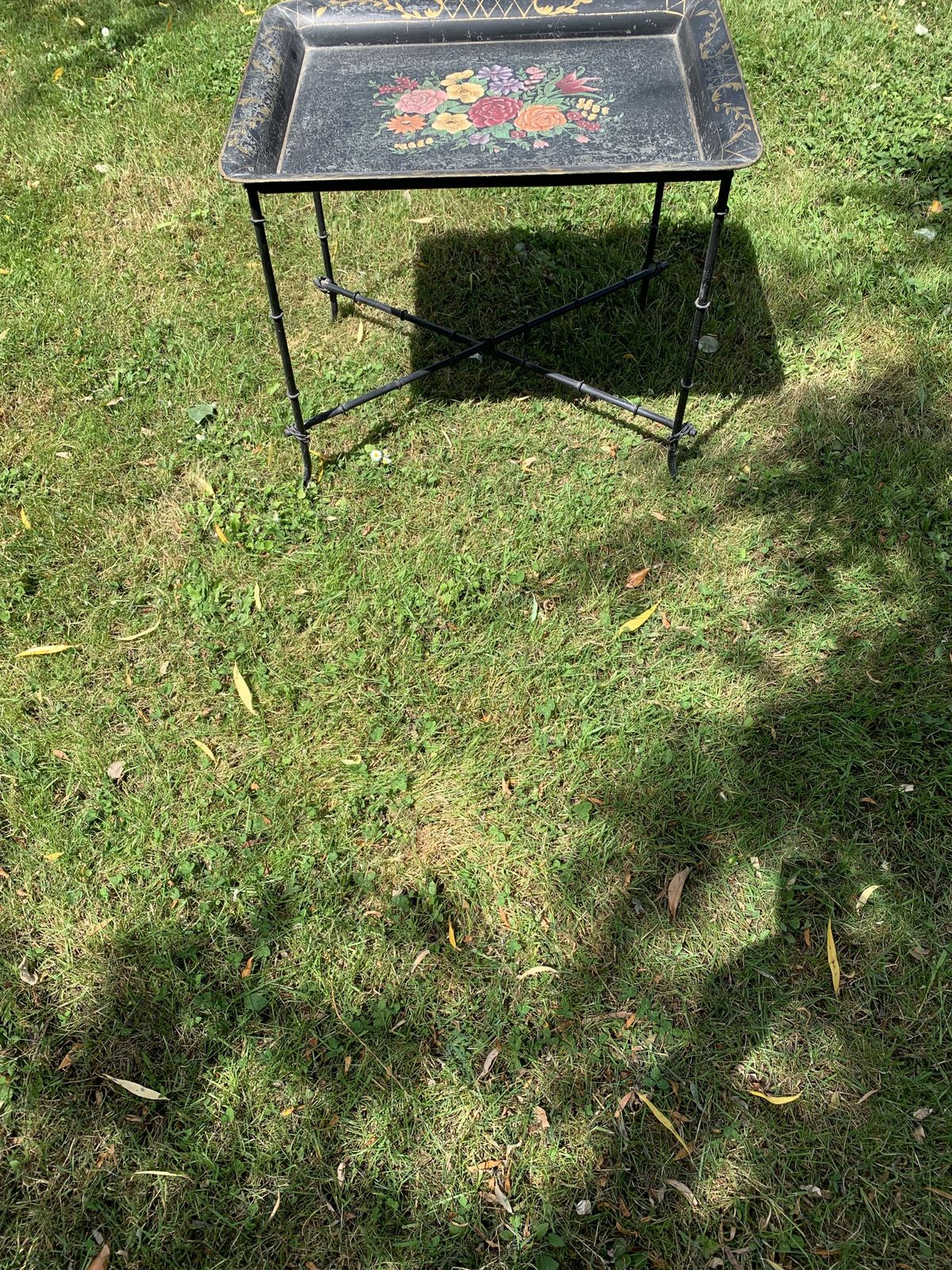 A French Hand Painted Metal Tray On Simulated Bamboo Stand photo Furniture