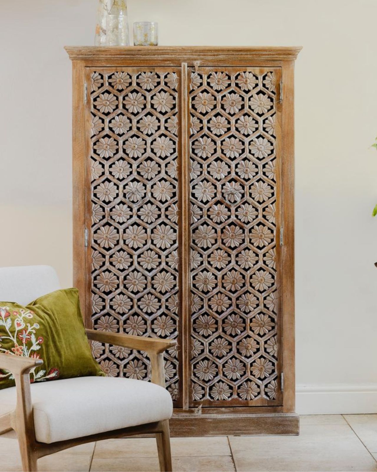 Hand Carved Mango Wood Armoire – Petal Motif With Internal Shelving