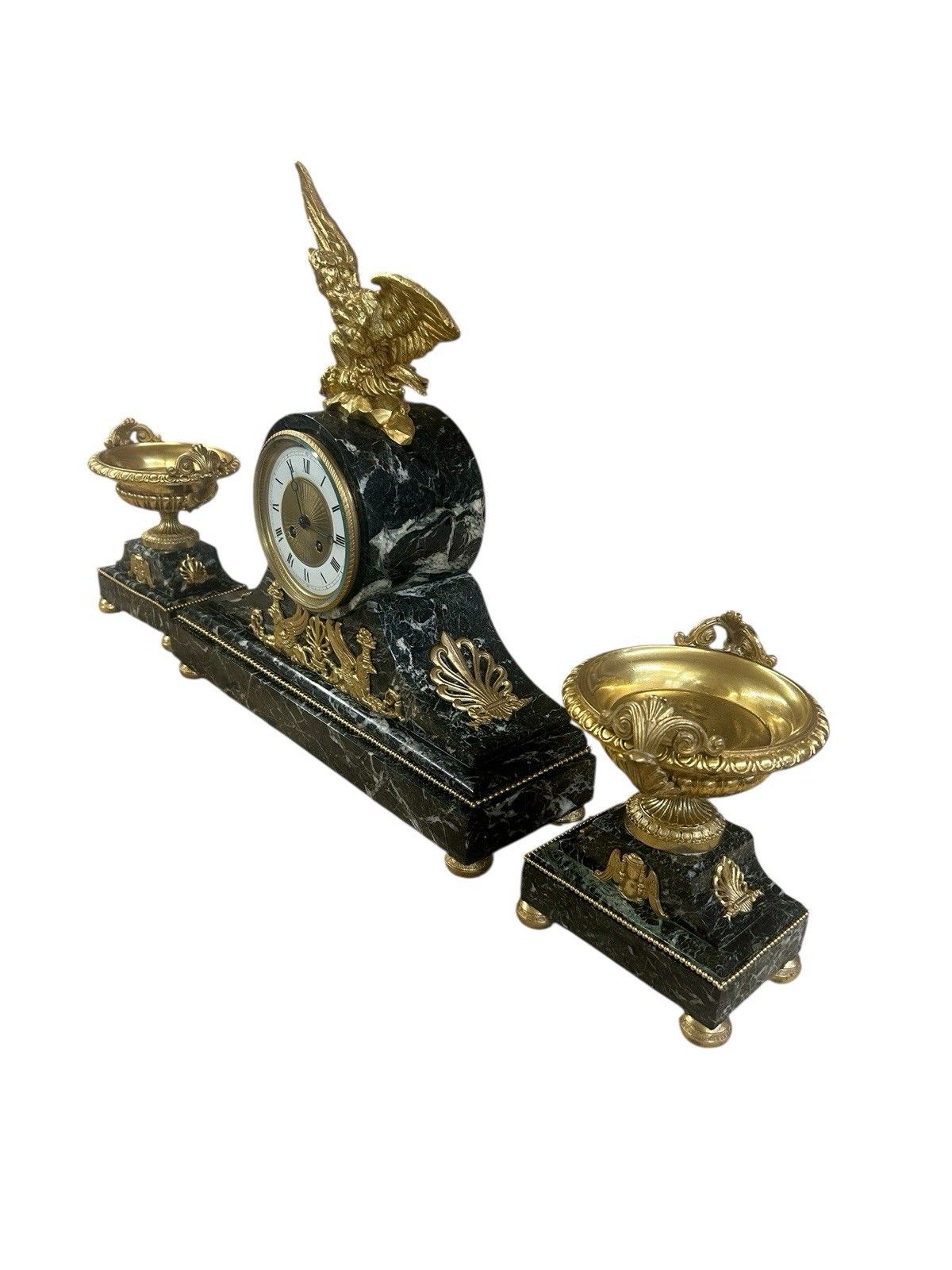 Antique Mantel Clock 19th Century Green Marble Ormulu Bronze Urn Set French Old photo for sale
