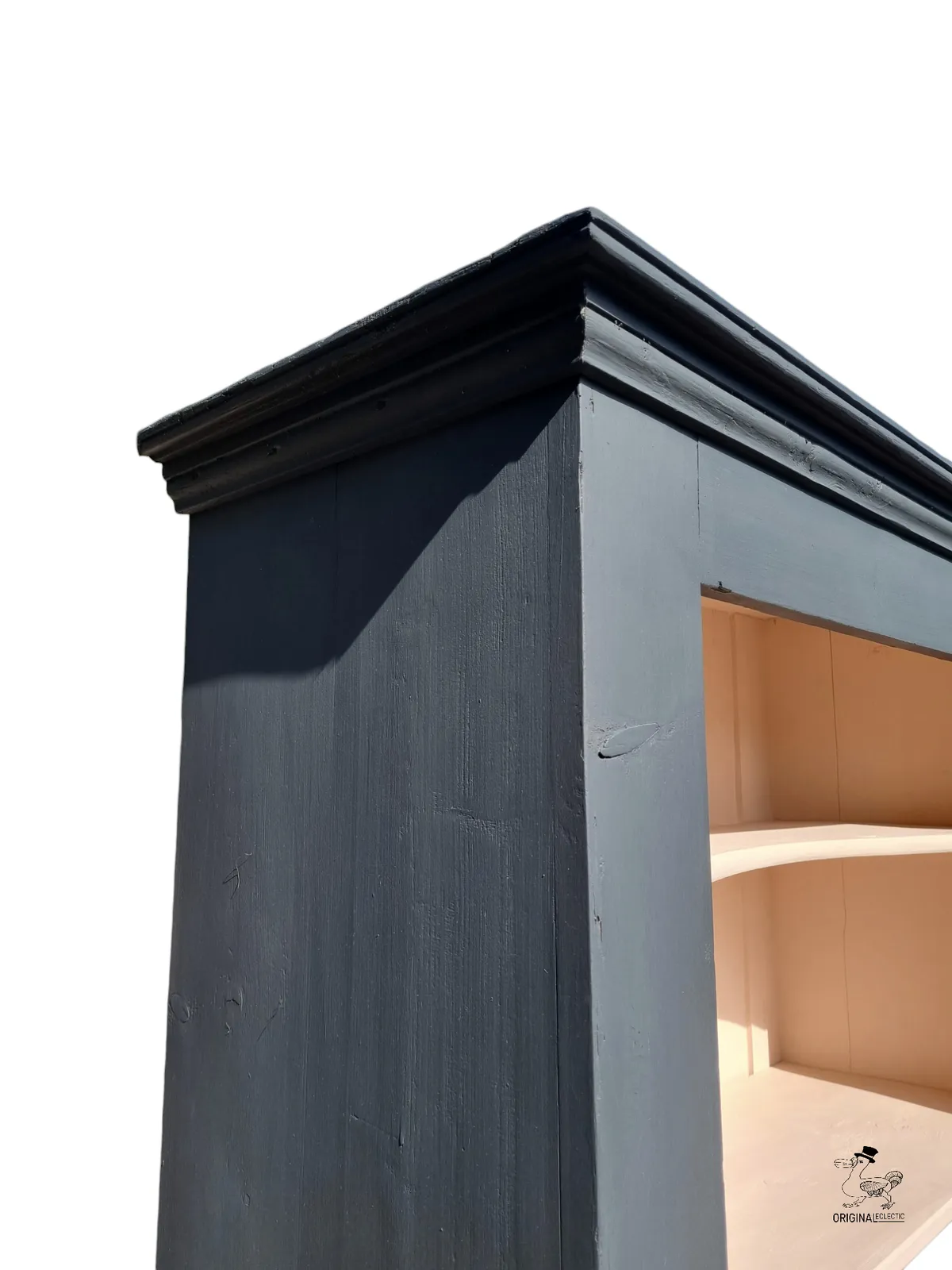 Rustic Antique Pine Bookcase In Farrow & Ball Off Black & Pink Worn Paint photo vinterior