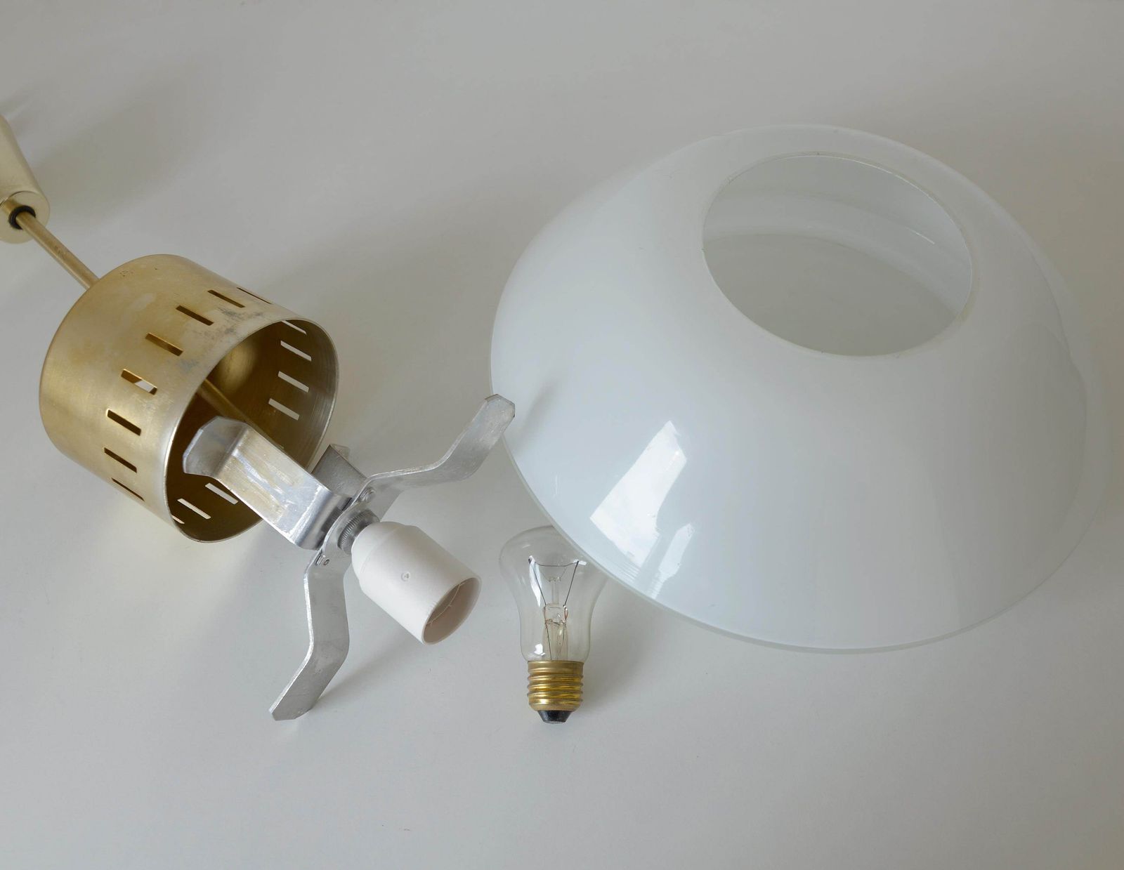 Vintage Scandinavian Pendant Light / Minimalist Mid Century Modern Chandelier / White Glass Ufo Hanging Lamp / Space Age Yugoslavia 1960's photo vintage