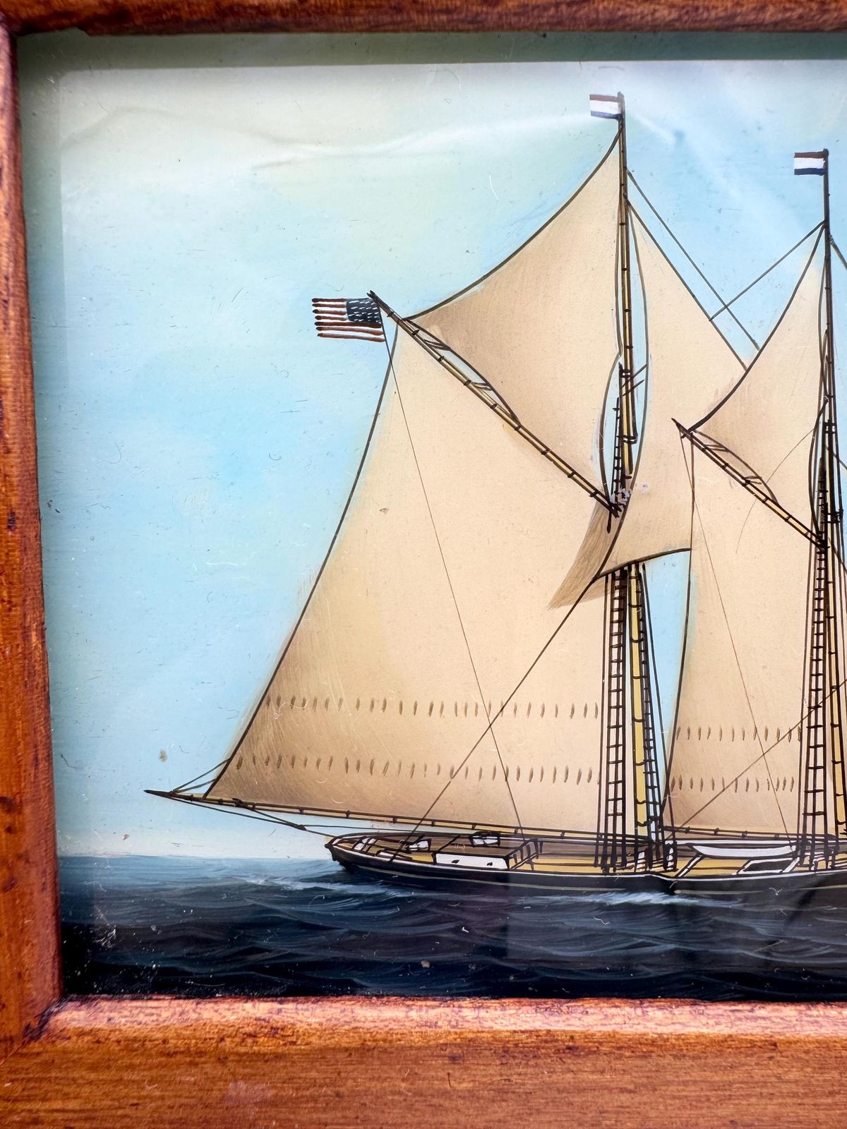 Vintage Small Wooden Box With Clipper Ship On Lid, Jewellery Box,Glass Painted Lid photo 70.0