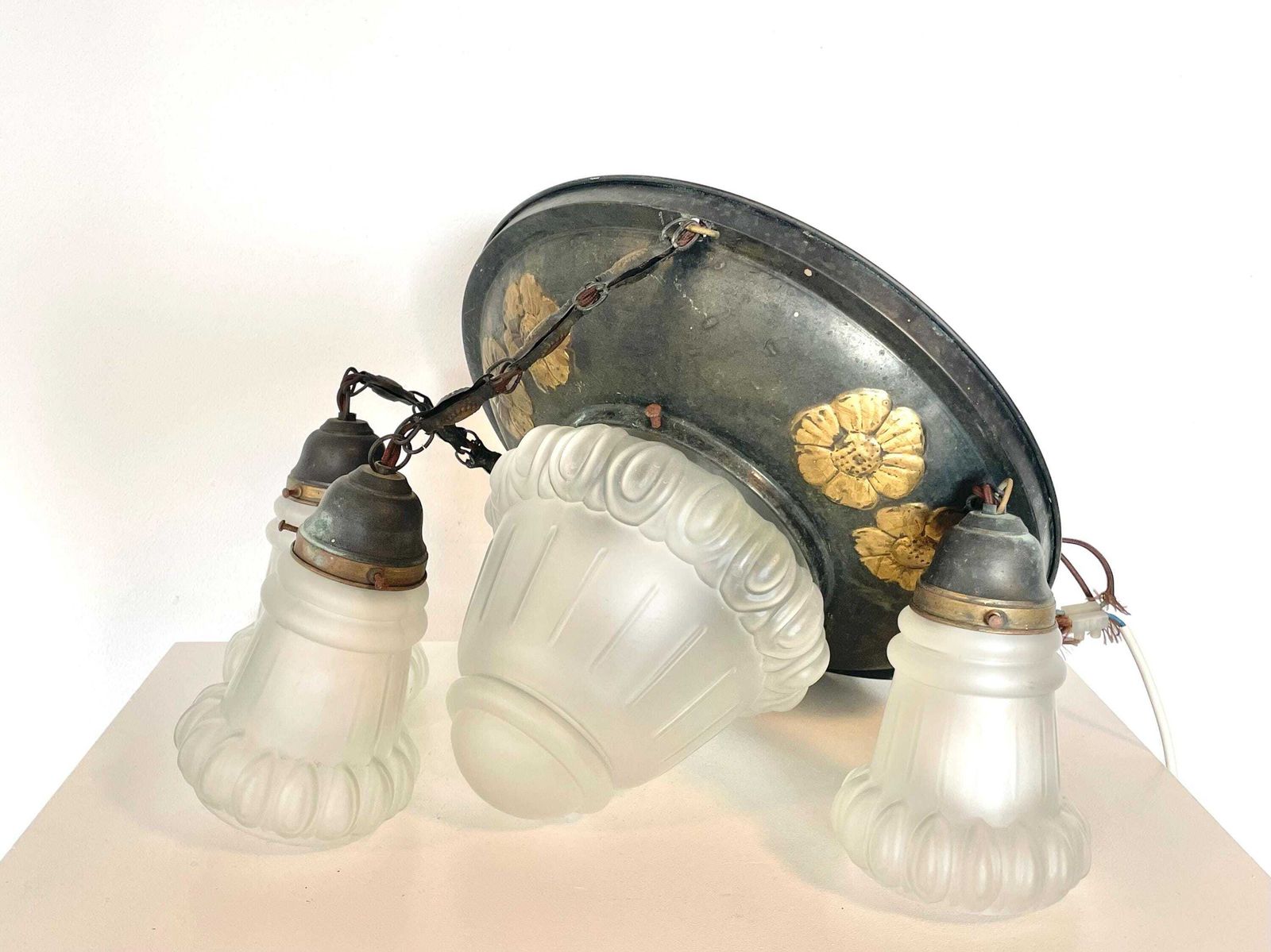 photo furniture Exclusive Large Antique Art Deco Patinated Brass Chandelier With Vintage White Opal Glass Shades And Elegant Design Details