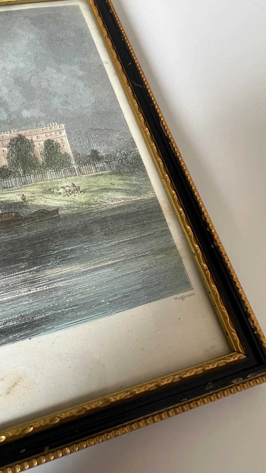 1855 Hand Coloured Engraving Of Hampton Court Palace From The Thames By Wrightson photo for sale