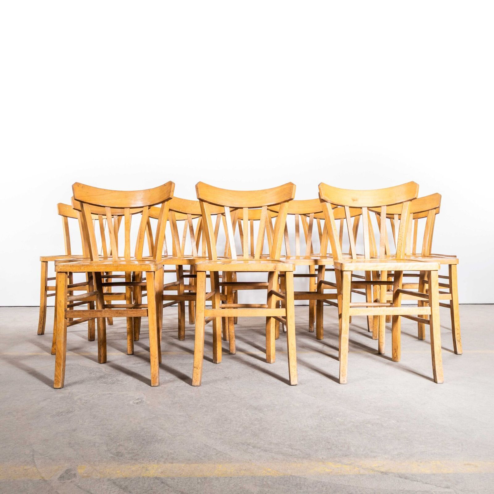 1950’s Luterma Blonde Farmhouse Dining Chairs With Grill Backs – Set Of Twelve