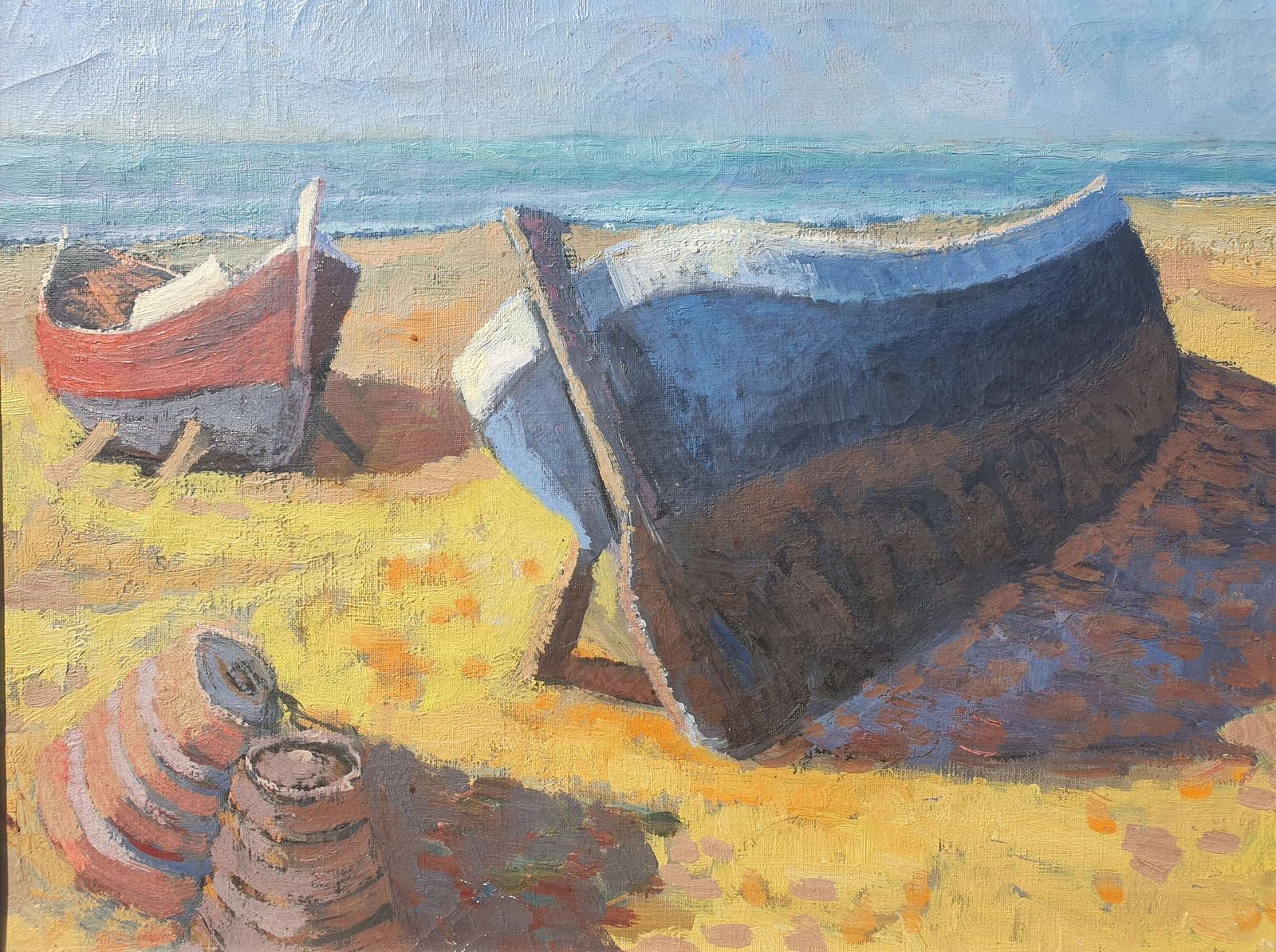 A Swedish Mid Century Oil On Canvas. Boats On A Foreshore By Henry Eldin photo for sale