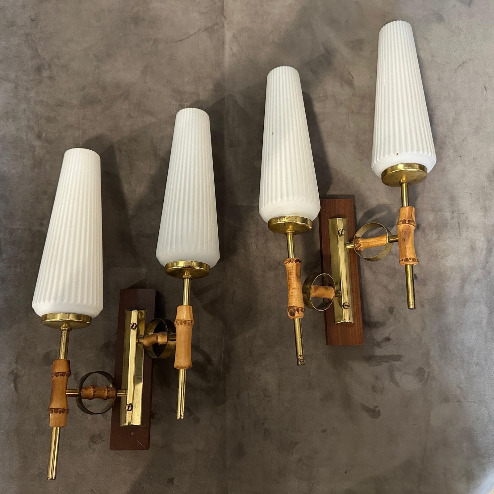 Set Of Two 1950s Mid Century Modern Brass, Bamboo And Glass Italian Wall Sconces photo furniture