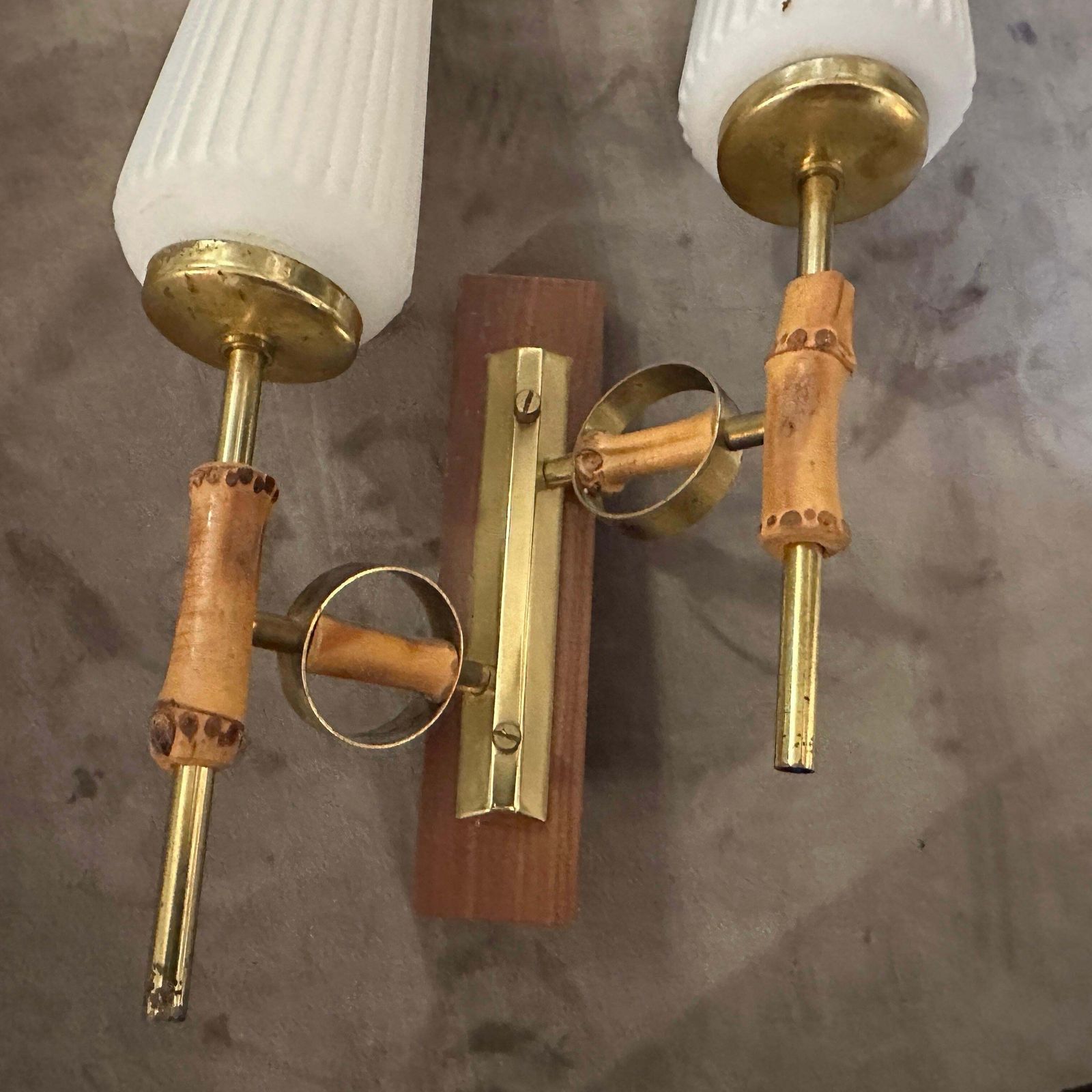 Set Of Two 1950s Mid Century Modern Brass, Bamboo And Glass Italian Wall Sconces photo buy