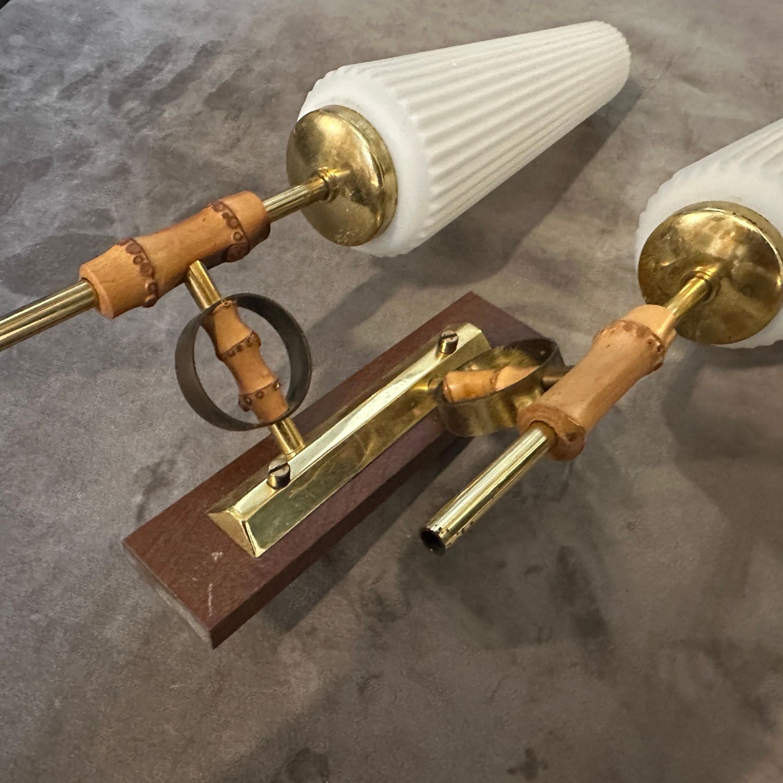 Lighting Set Of Two 1950s Mid Century Modern Brass, Bamboo And Glass Italian Wall Sconces photo