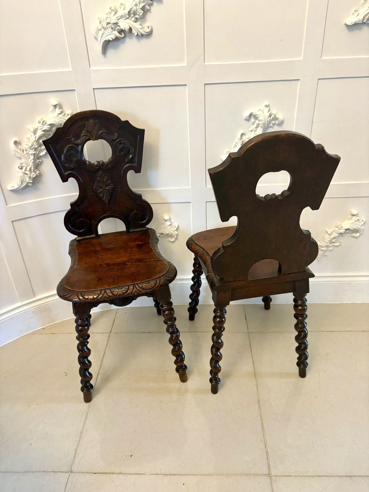 Furniture Pair Of Antique 19th Century Quality Carved Oak Hall Chairs photo