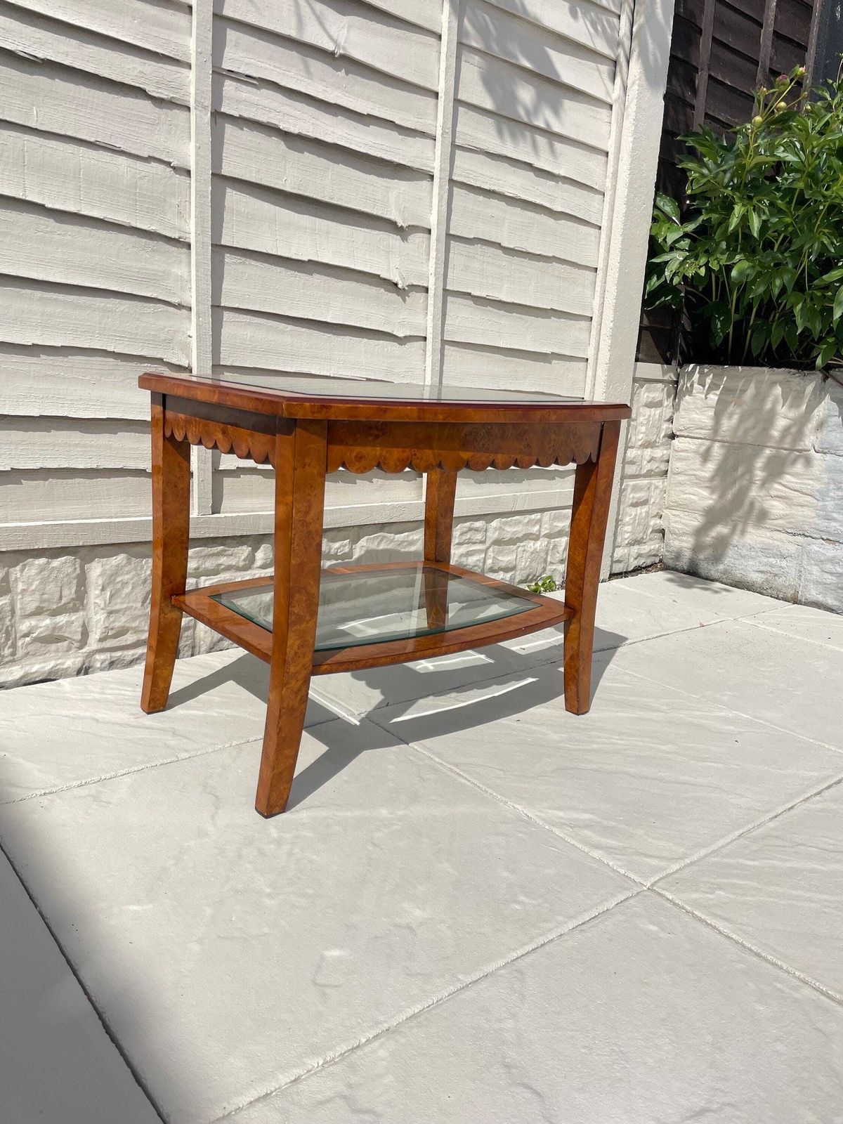 Burr Walnut Glass Top Coffee Table / Side Table With Scalloped Edge, Vintage Home Decor photo vinterior