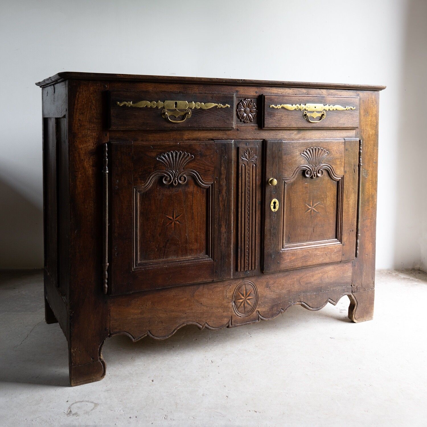 Antique French Louis XIV Inlaid And Carved Oak Buffet Cabinet, Early 18th C. photo for sale
