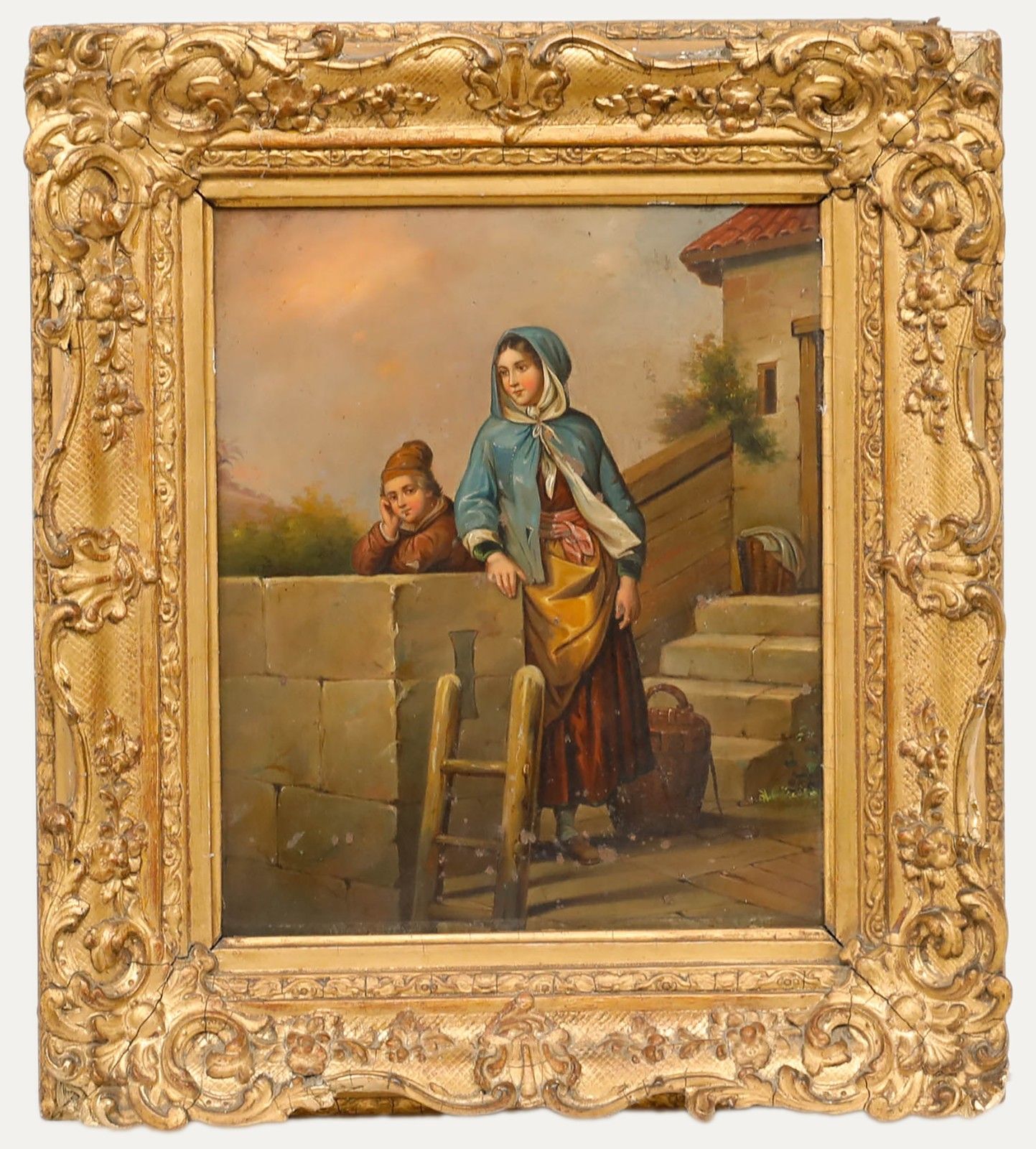 German School  19th Century Oil Mother And Son