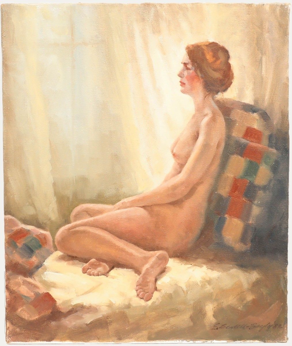 Ernest Bendell Bayly 20th Century Oil, Nude On The Chequered Pillow