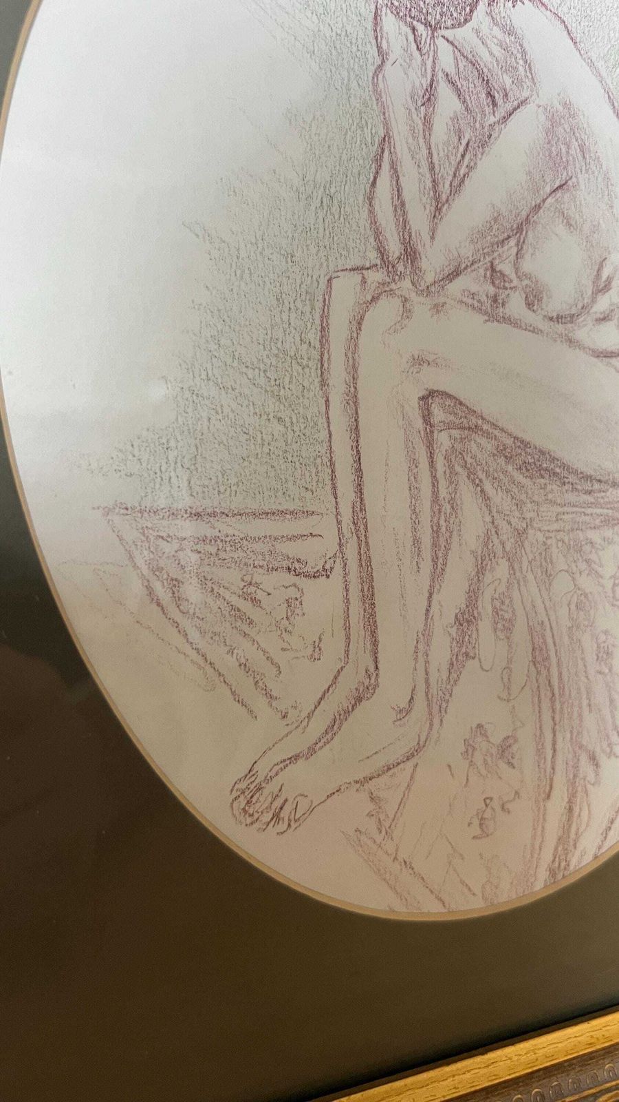 Contemporary Original Nude Study – Seated Female Figure Drawing In Ornate Golden Frame photo Art
