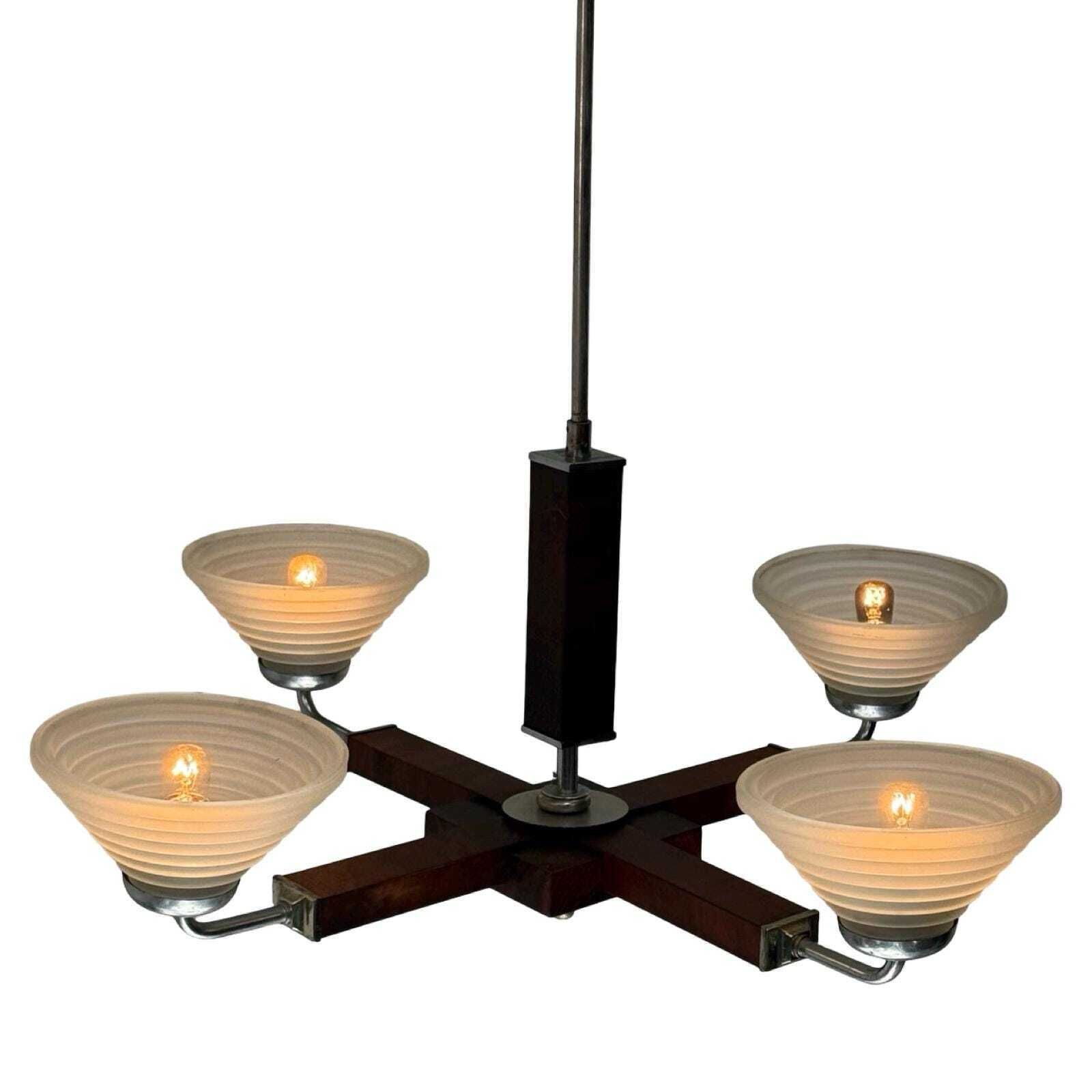 Art Deco Chandelier   Approx. 1930, Czechoslovakia   Satin Glass, Walnut Veneer And Chromed Metal Frame   4 Bulbs photo for sale