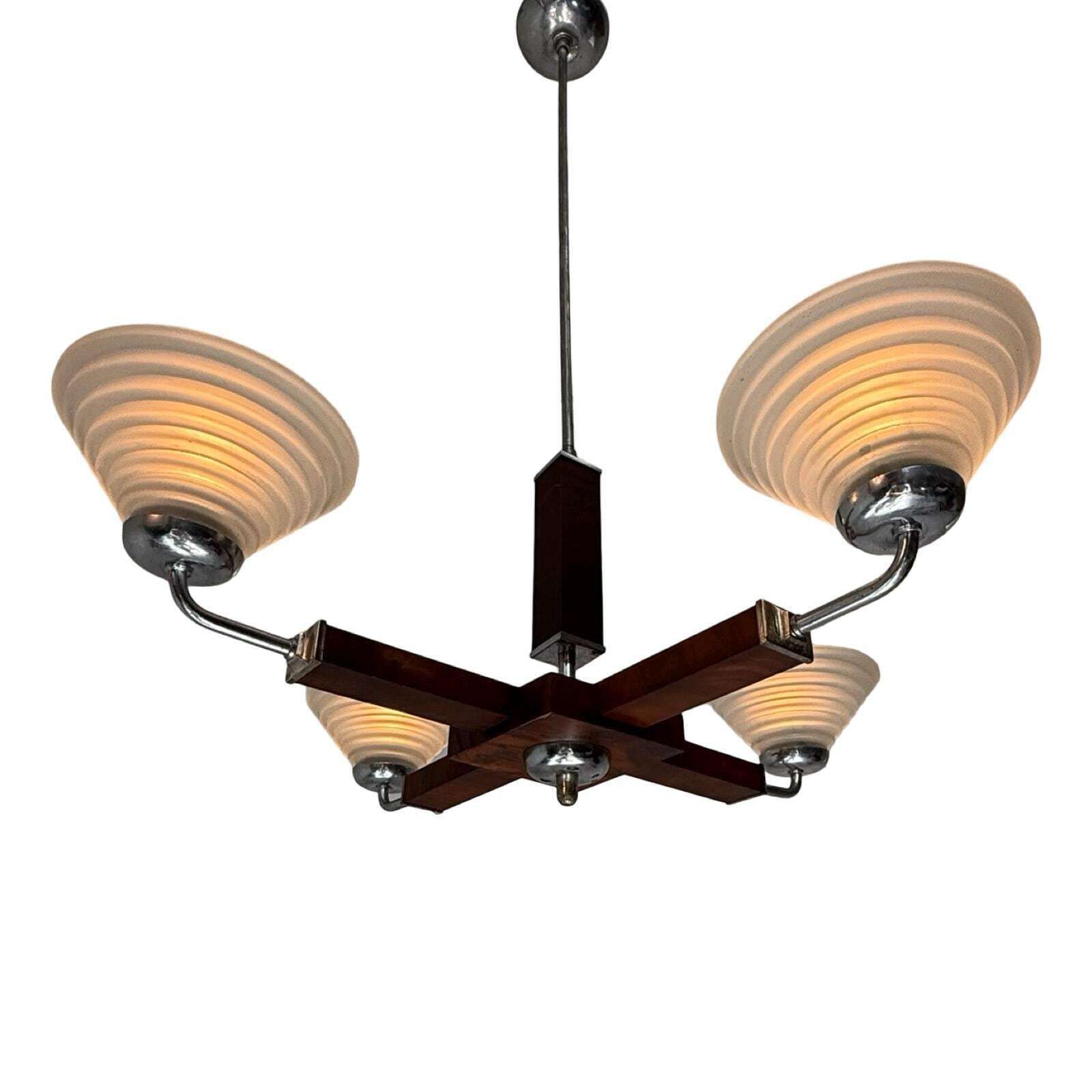 Art Deco Chandelier   Approx. 1930, Czechoslovakia   Satin Glass, Walnut Veneer And Chromed Metal Frame   4 Bulbs photo 524.0
