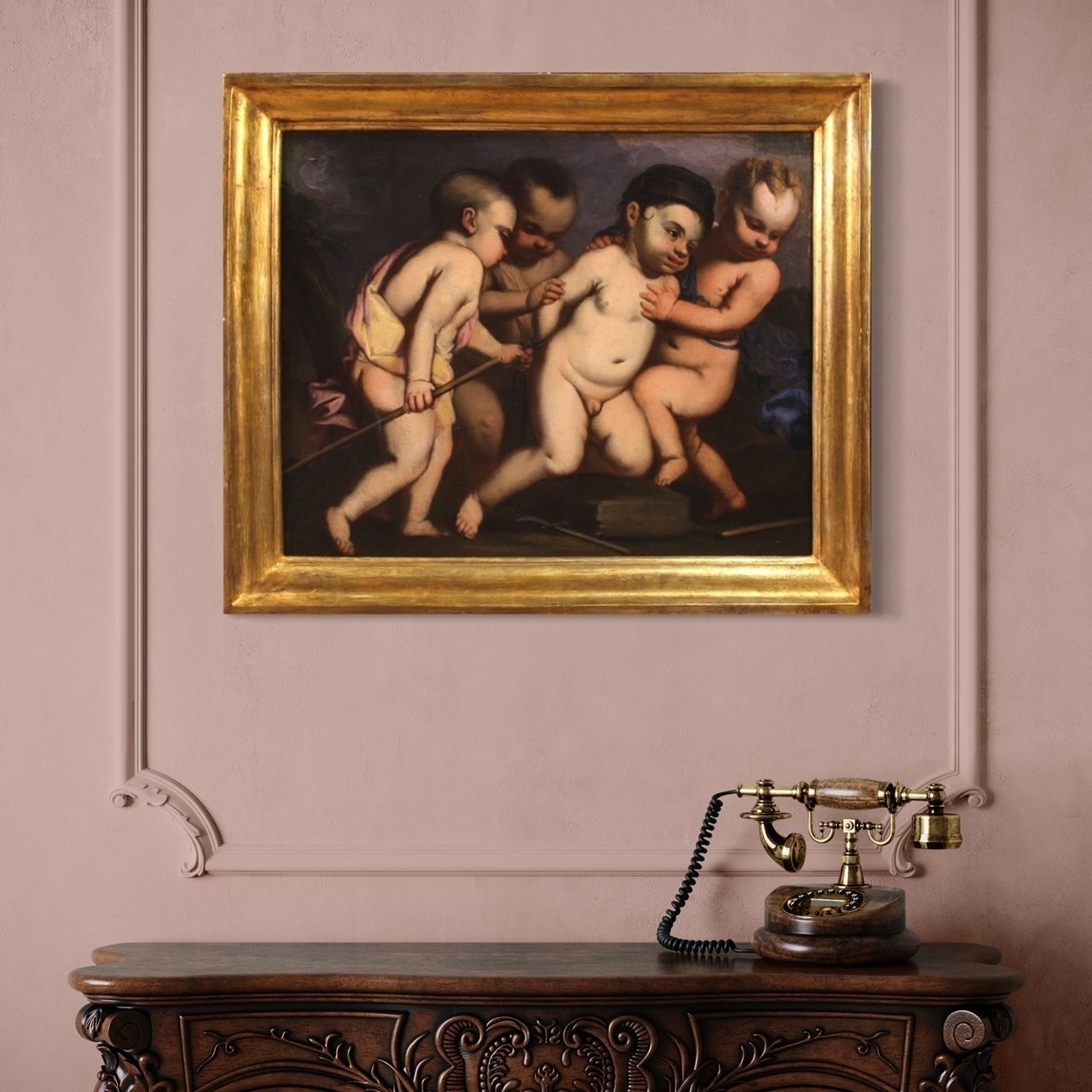 photo vintage 17th Century Italian School Painting, Cherub Games