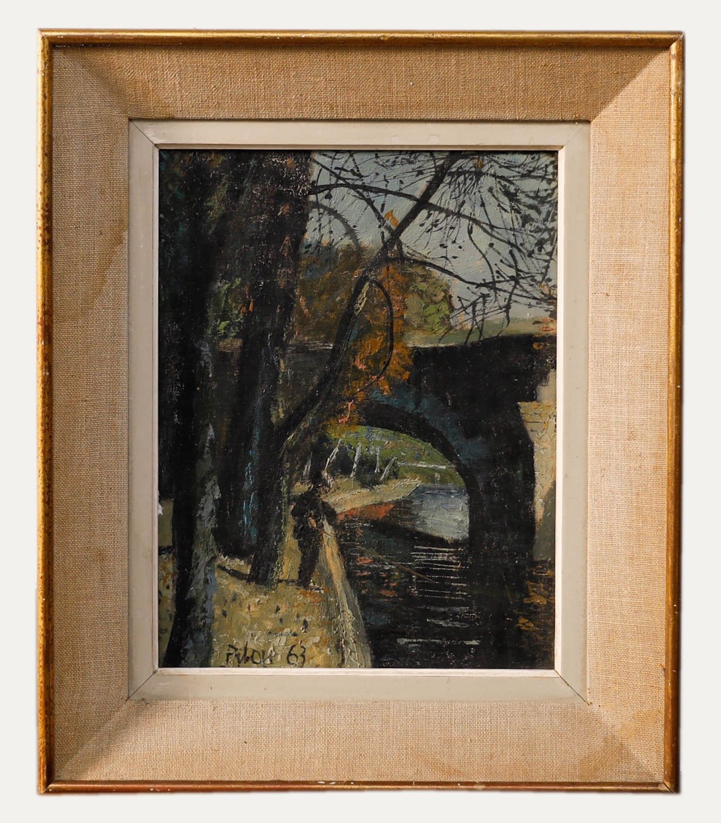 Pilou Framed Mid 20th Century Oil, Fishing Near The Bridge