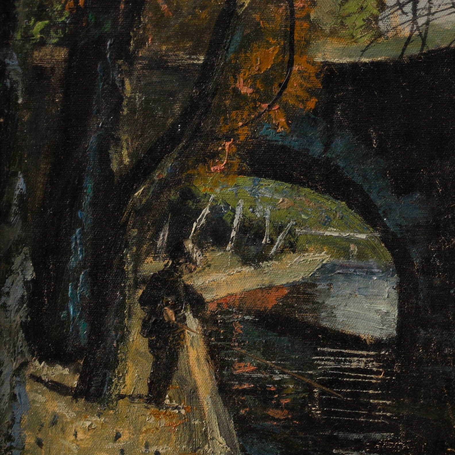Pilou Framed Mid 20th Century Oil, Fishing Near The Bridge photo Art