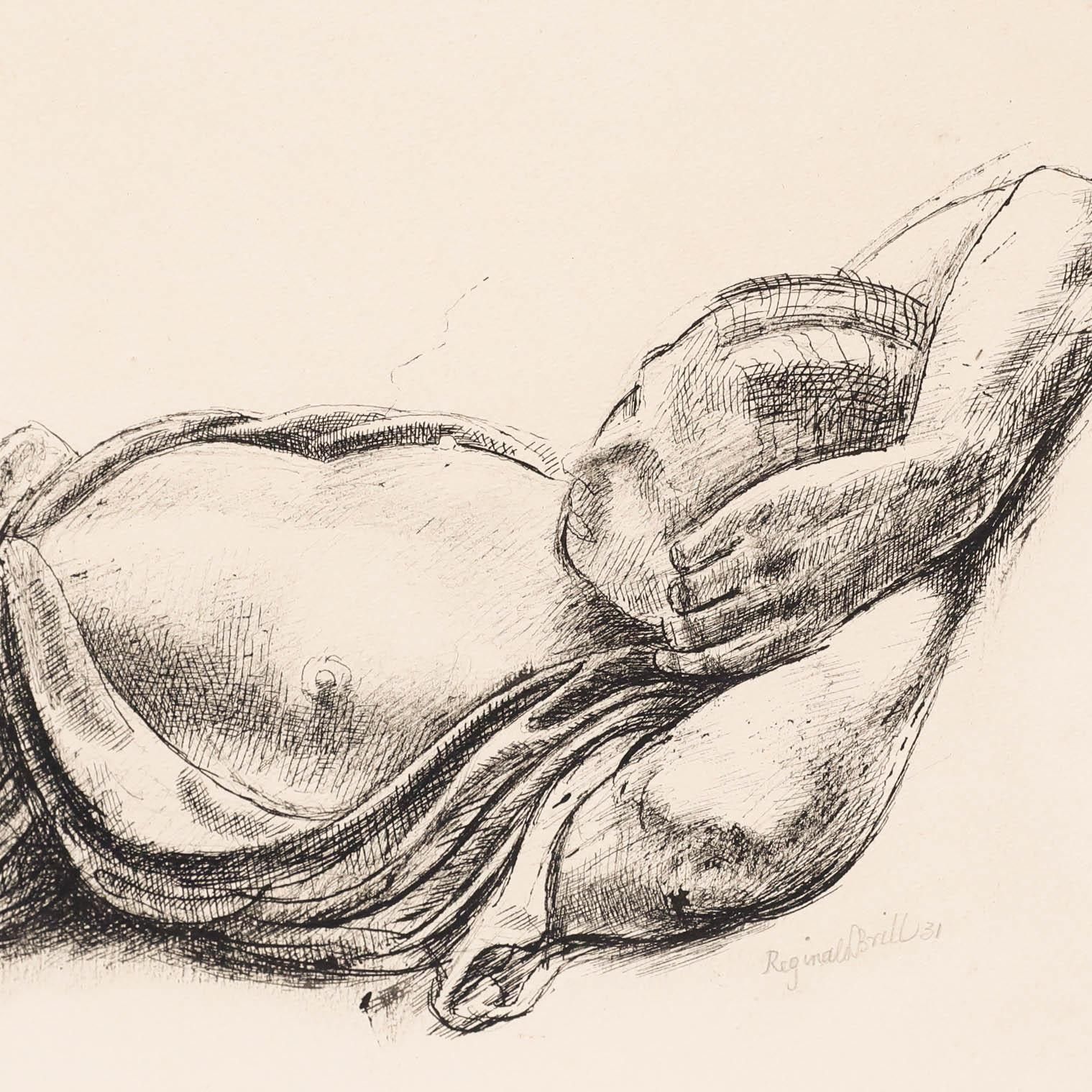 Reginald Brill (1902 1974) 1931 Pen And Ink Drawing, Reclining Nude photo Art