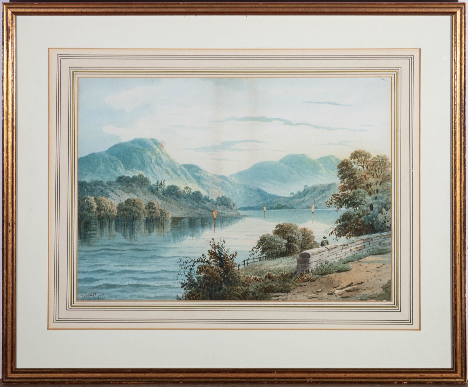 W. Langley  1891 Watercolour, Lake With Sailing Boats